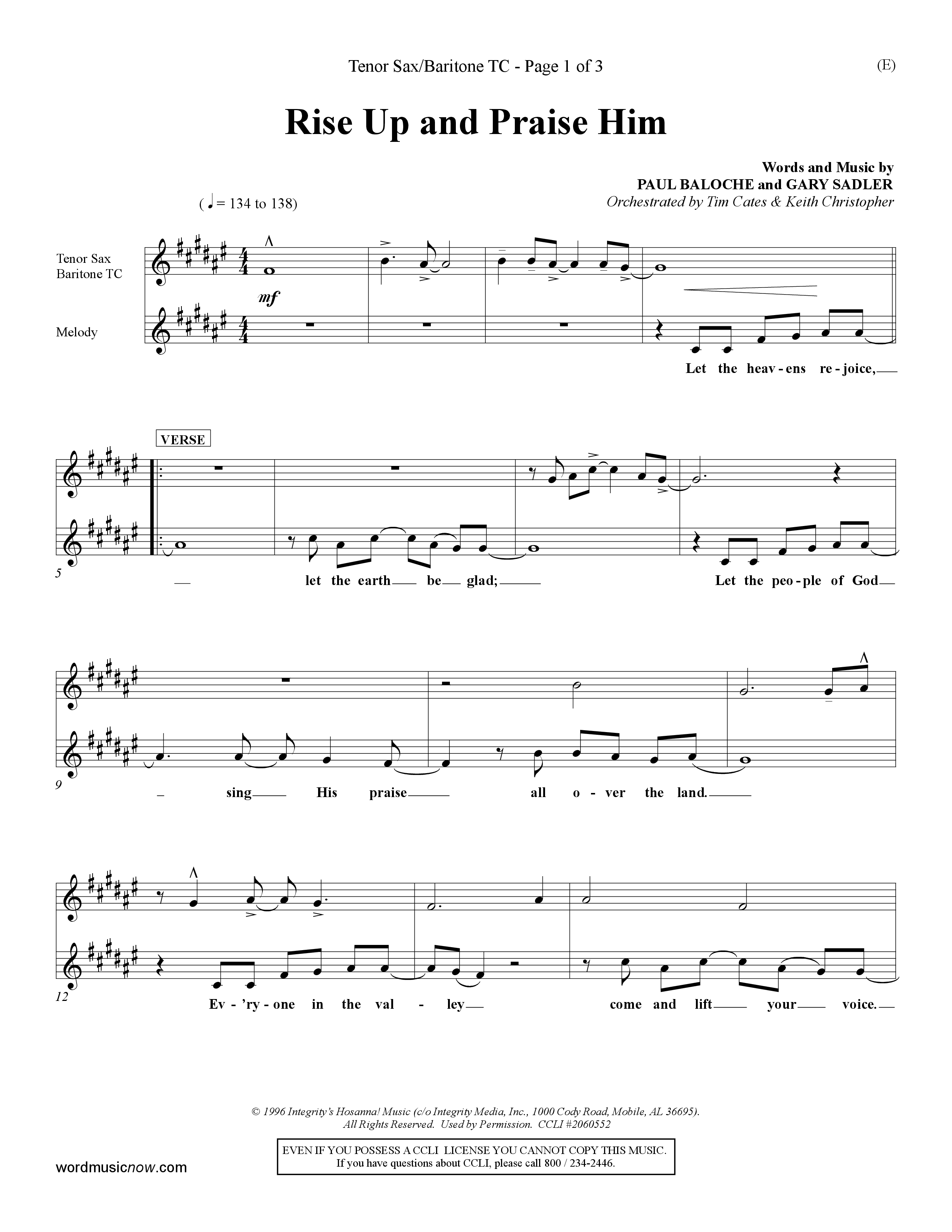 Rise Up and Praise Him (Choral Anthem SATB) Tenor Sax/Baritone T.C. (Word Music Choral / Orch. Tim Cates / Orch. Keith Christopher)