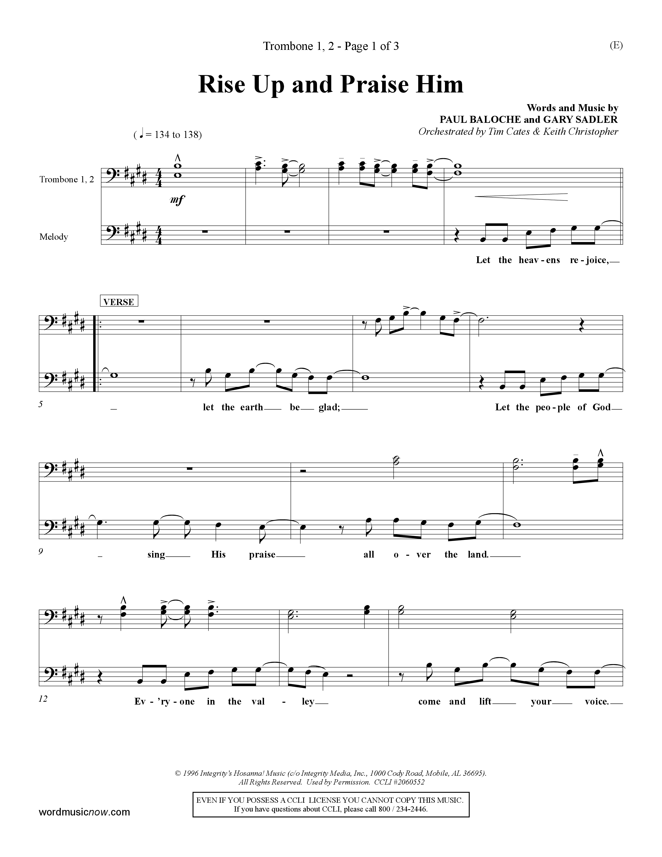 Rise Up and Praise Him (Choral Anthem SATB) Trombone 1/2 (Word Music Choral / Orch. Tim Cates / Orch. Keith Christopher)