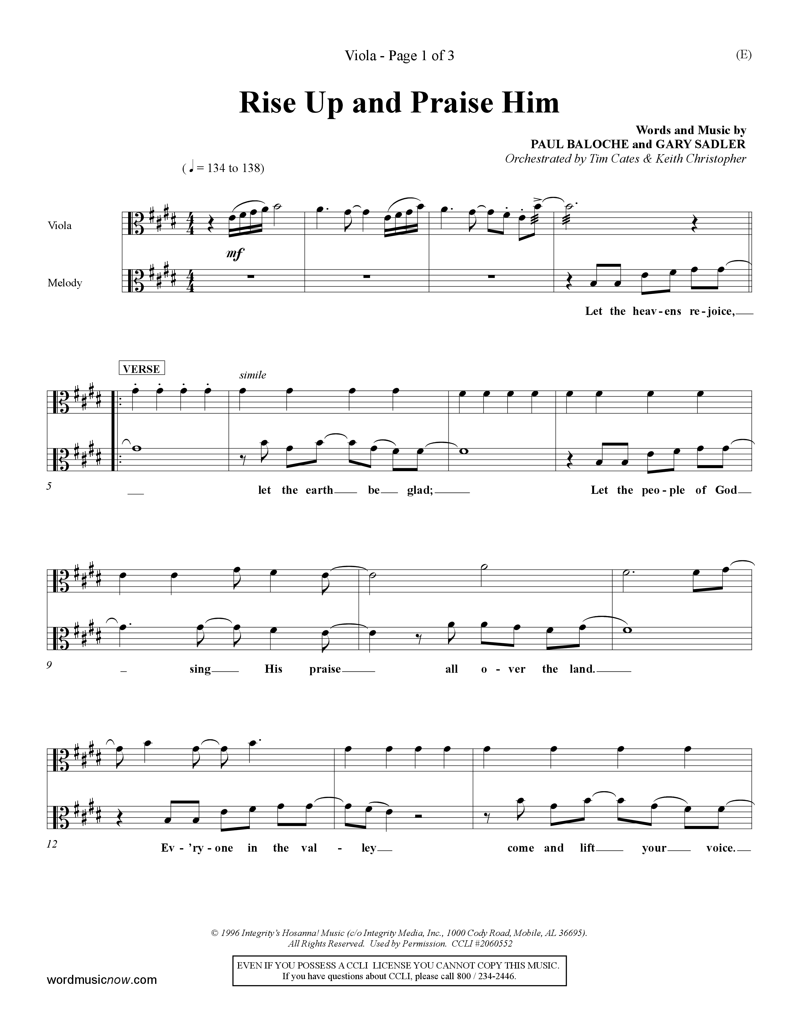 Rise Up and Praise Him (Choral Anthem SATB) Viola (Word Music Choral / Orch. Tim Cates / Orch. Keith Christopher)
