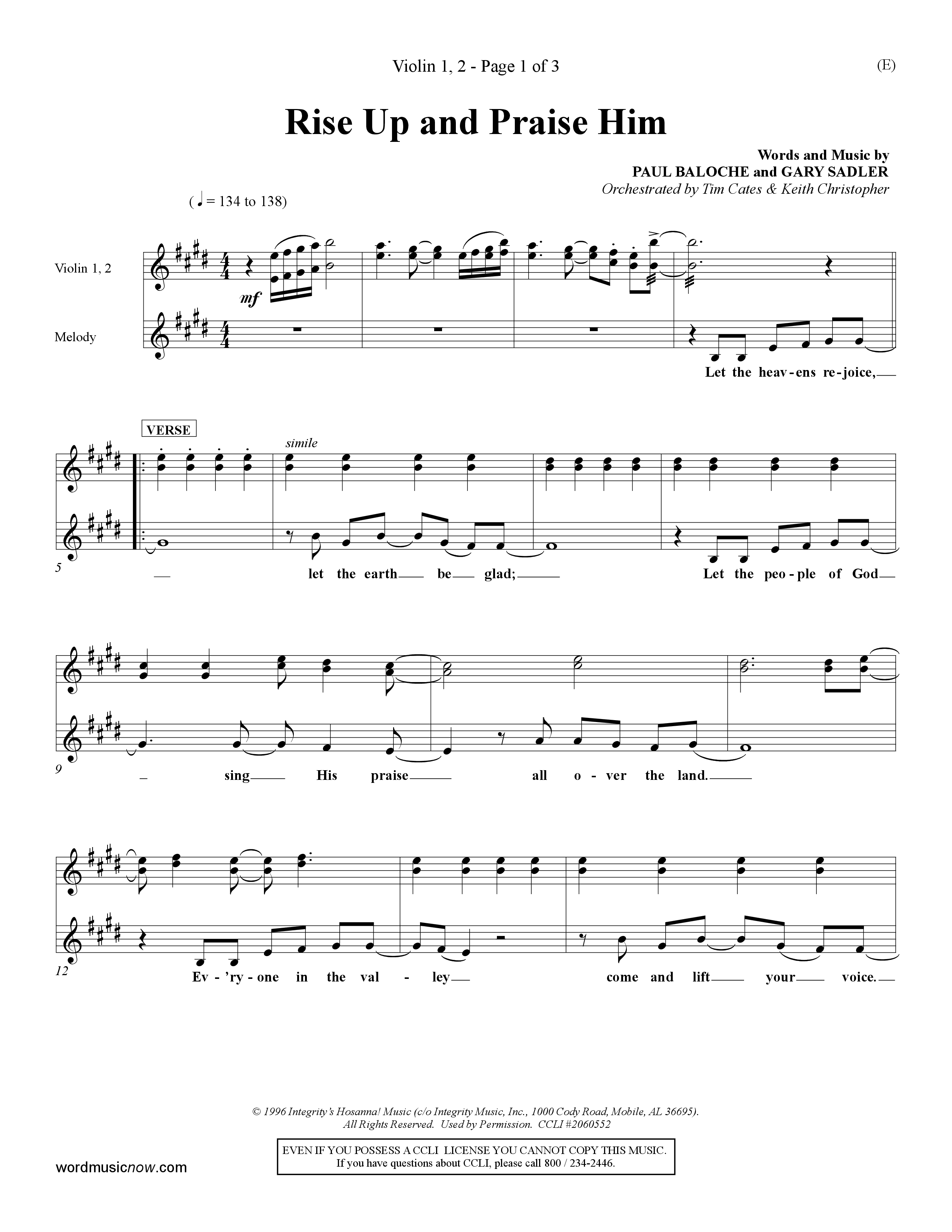 Rise Up and Praise Him (Choral Anthem SATB) Violin 1/2 (Word Music Choral / Orch. Tim Cates / Orch. Keith Christopher)