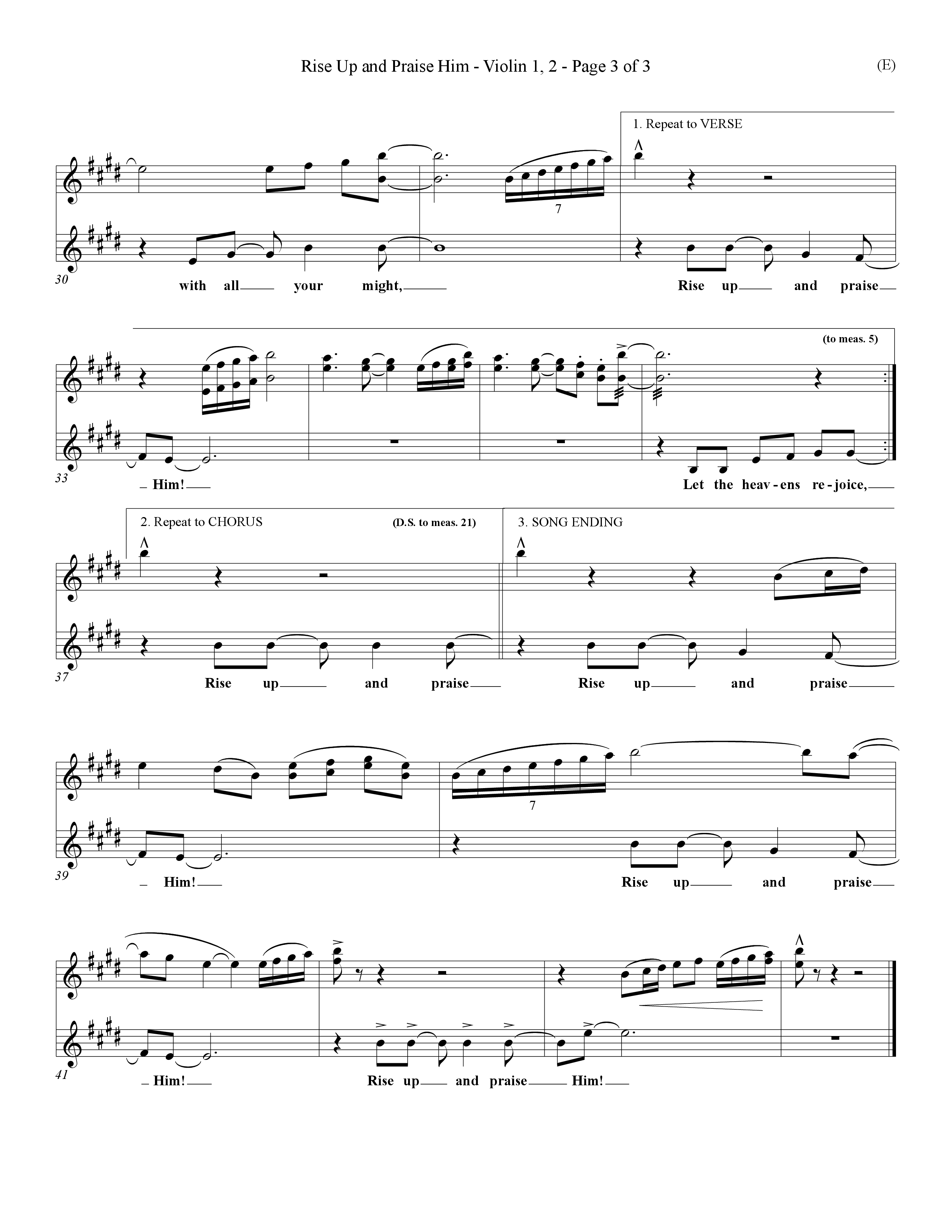 Rise Up and Praise Him (Choral Anthem SATB) Violin 1/2 (Word Music Choral / Orch. Tim Cates / Orch. Keith Christopher)