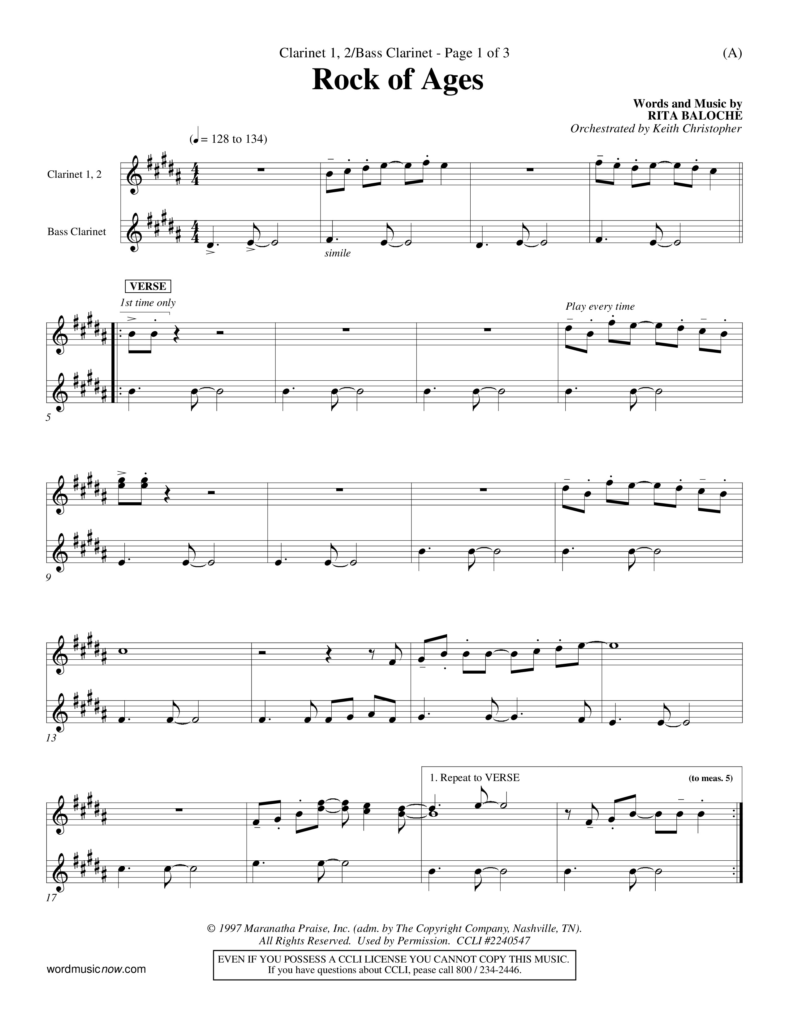 Rock Of Ages (Choral Anthem SATB) Clarinet 1/2, Bass Clarinet (Word Music Choral / Orch. Keith Christopher)