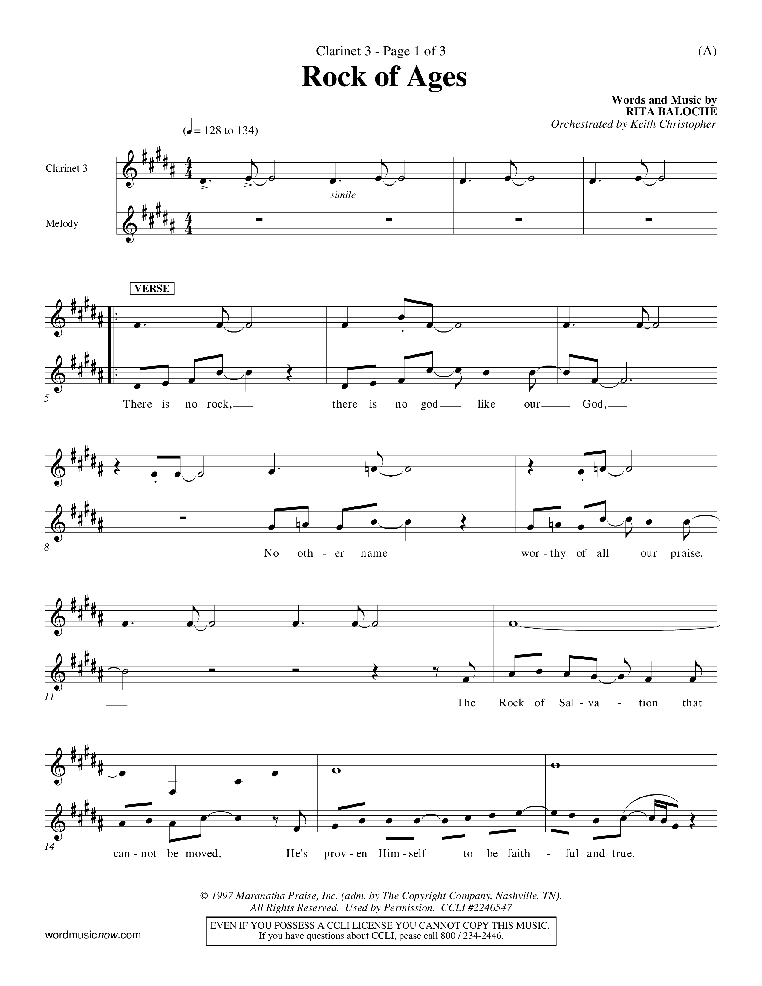 Rock Of Ages (Choral Anthem SATB) Clarinet 3 (Word Music Choral / Orch. Keith Christopher)