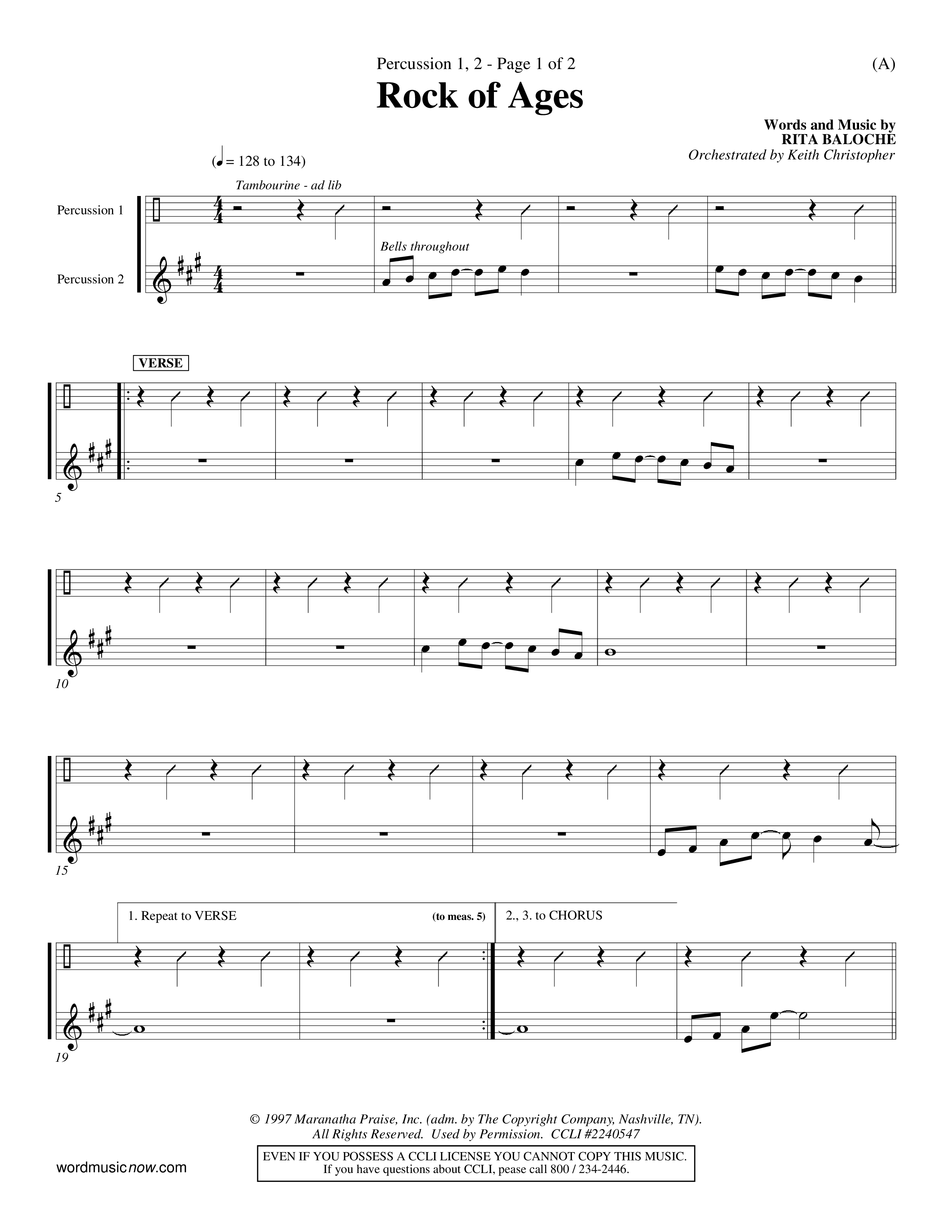 Rock Of Ages (Choral Anthem SATB) Percussion 1/2 (Word Music Choral / Orch. Keith Christopher)