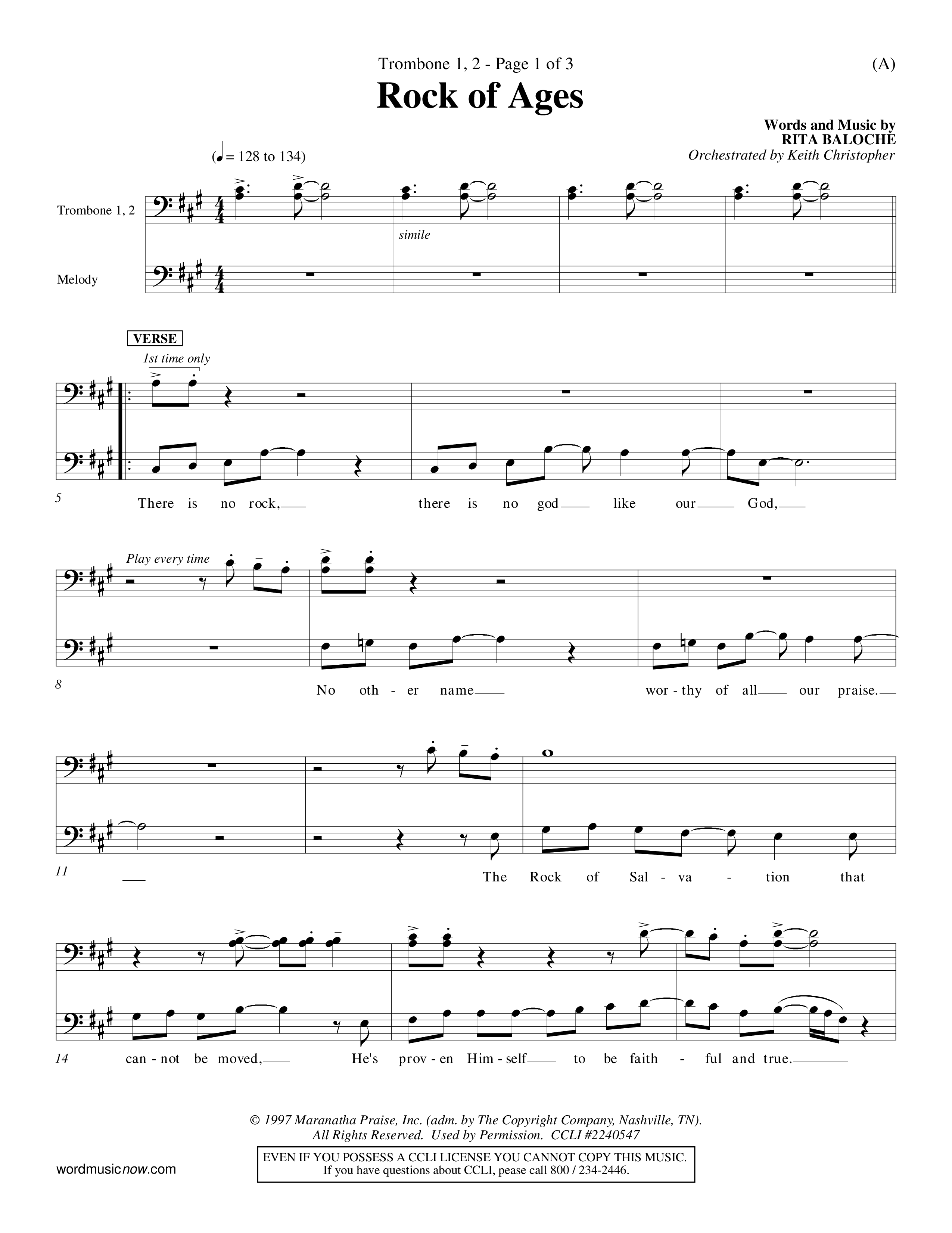 Rock Of Ages (Choral Anthem SATB) Trombone 1/2 (Word Music Choral / Orch. Keith Christopher)