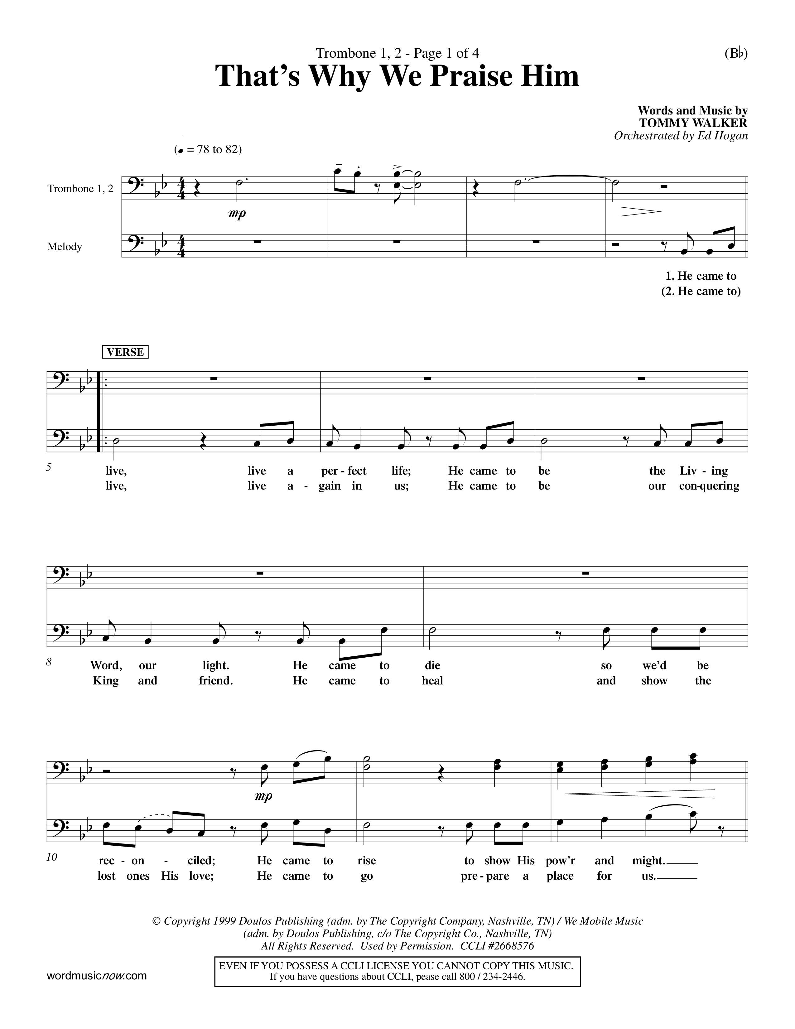 That's Why We Praise Him (Choral Anthem SATB) Trombone 1/2 (Word Music Choral / Orch. Ed Hogan)