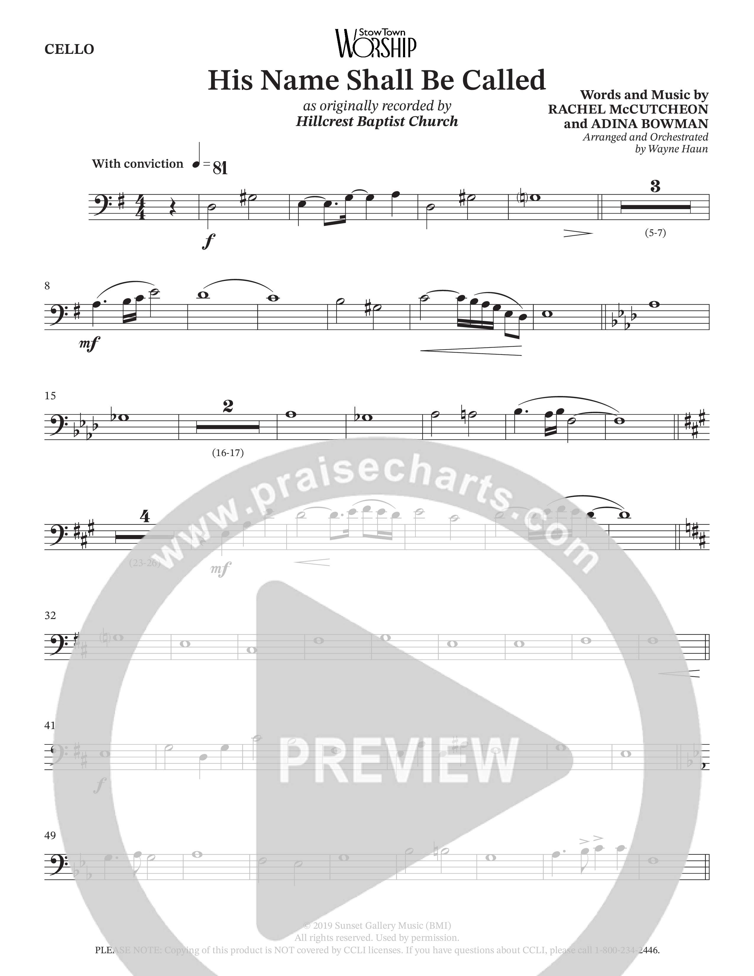 His Name Shall Be Called (Choral Anthem SATB) Cello (Hillcrest Nashville / Arr. Wayne Haun)
