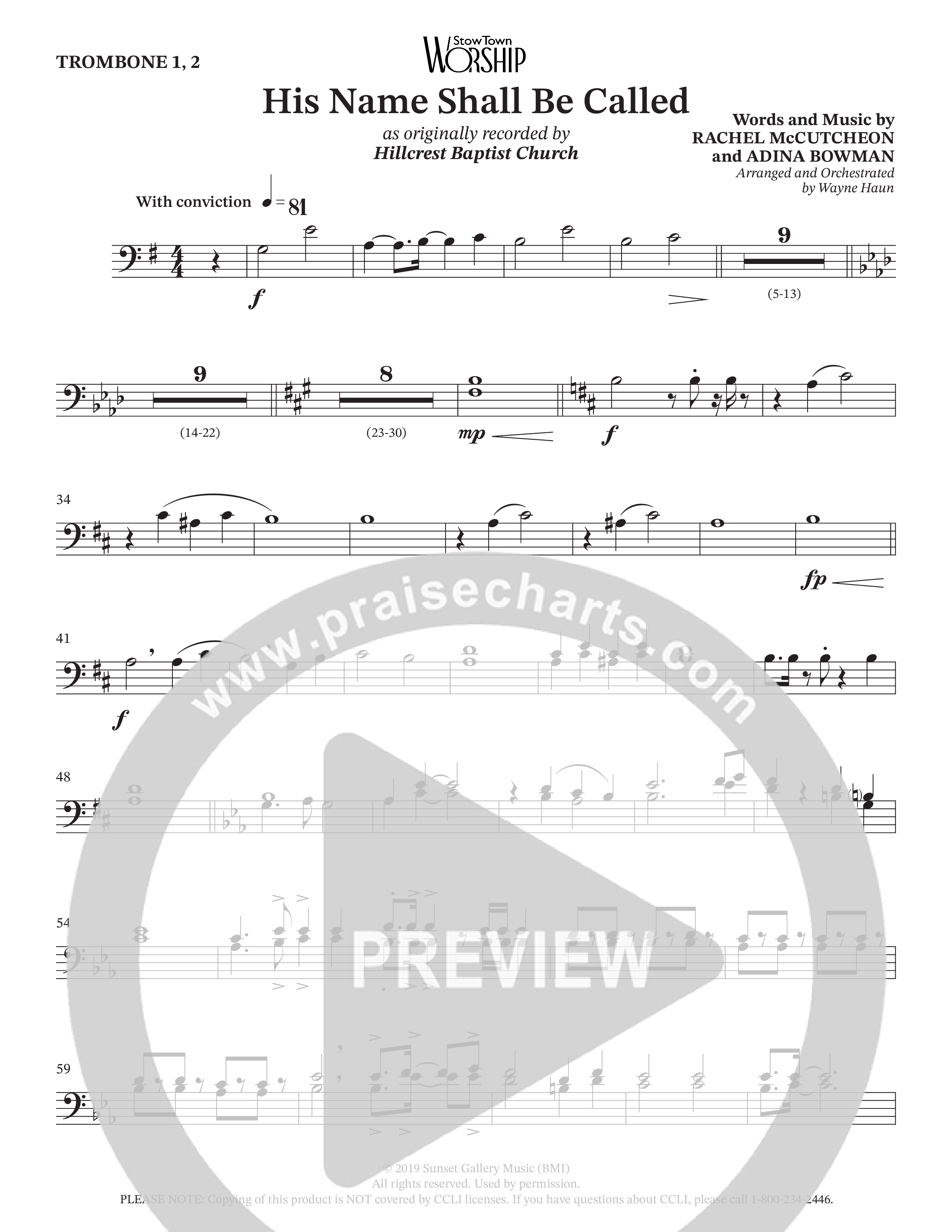 His Name Shall Be Called (Choral Anthem SATB) Trombone 1/2 (Hillcrest Nashville / Arr. Wayne Haun)