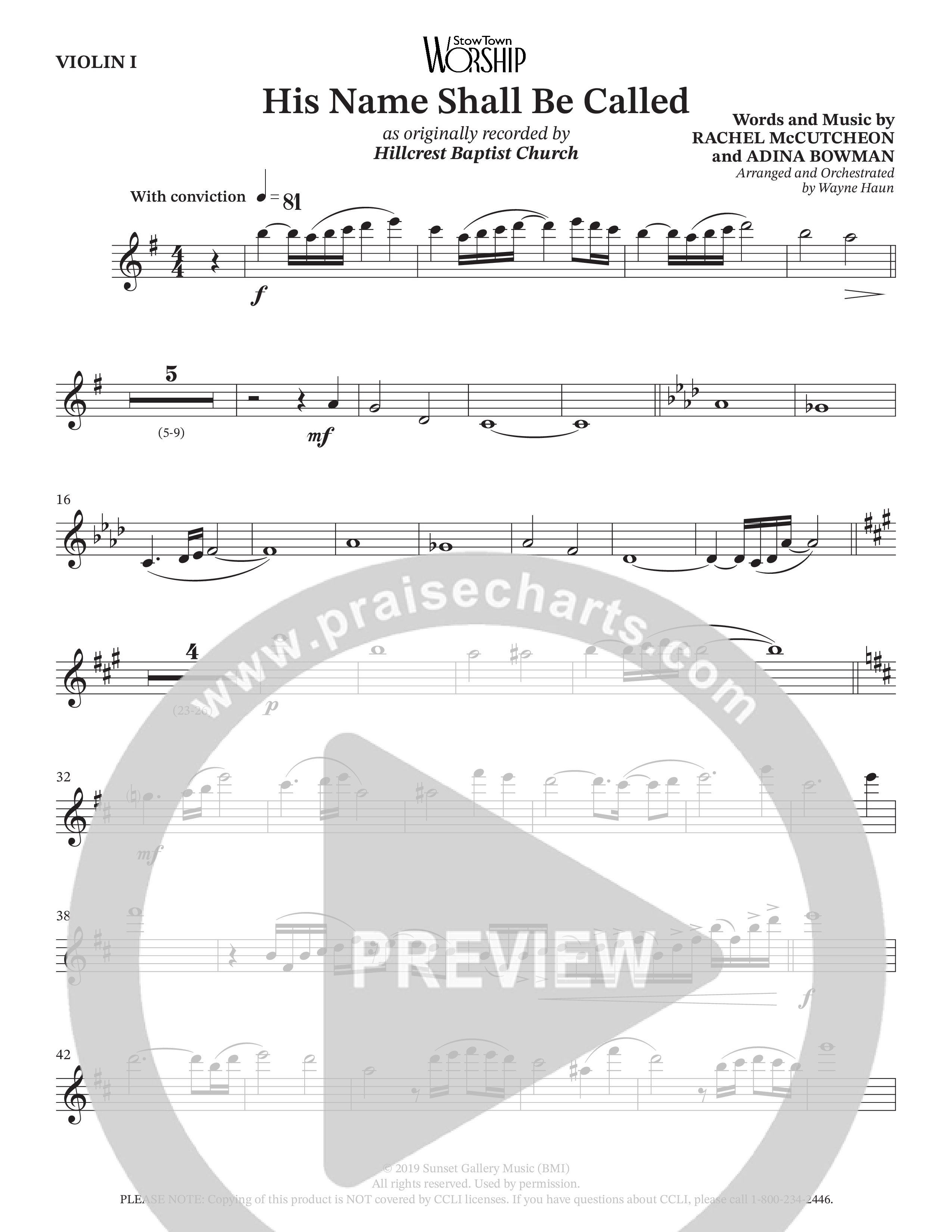 His Name Shall Be Called (Choral Anthem SATB) Violin 1 (Hillcrest Nashville / Arr. Wayne Haun)