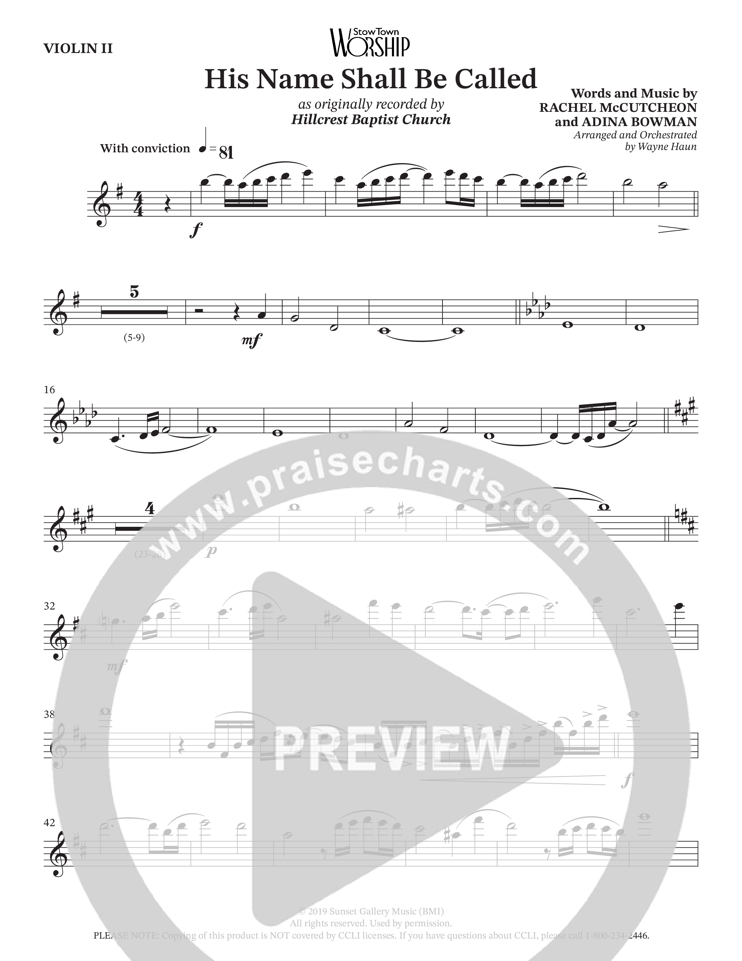 His Name Shall Be Called (Choral Anthem SATB) Violin 2 (Hillcrest Nashville / Arr. Wayne Haun)
