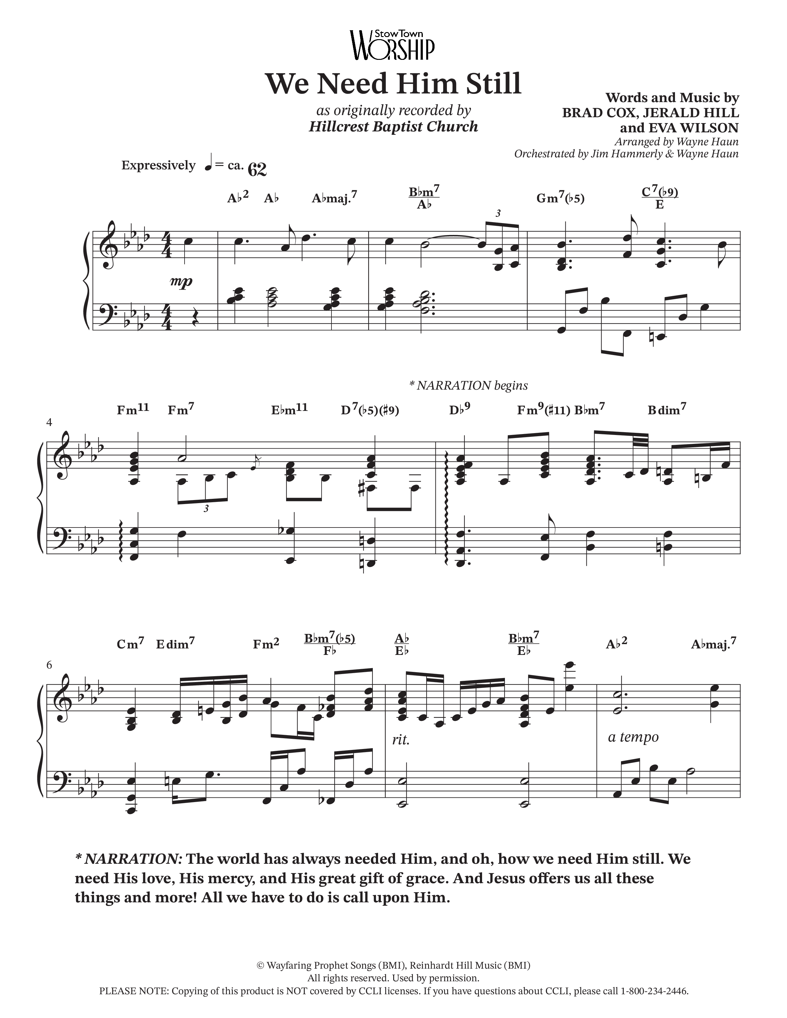 We Need Him Still (Choral Anthem SATB) Piano/Vocal (SATB) (Hillcrest Nashville / Arr. Wayne Haun / Arr. Jim Hammerly)
