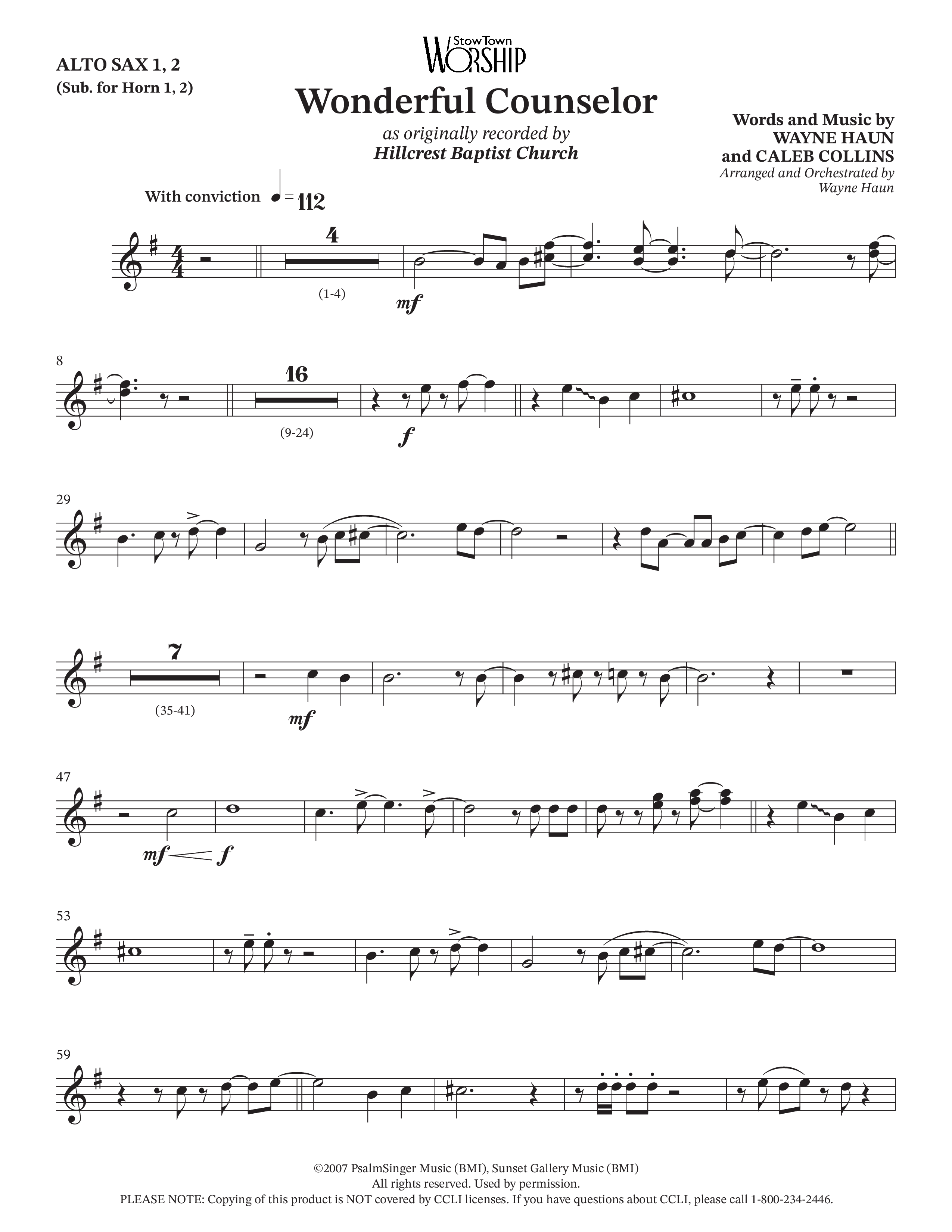 Wonderful Counselor (Choral Anthem SATB) Alto Sax (Hillcrest Nashville / Arr. Wayne Haun)