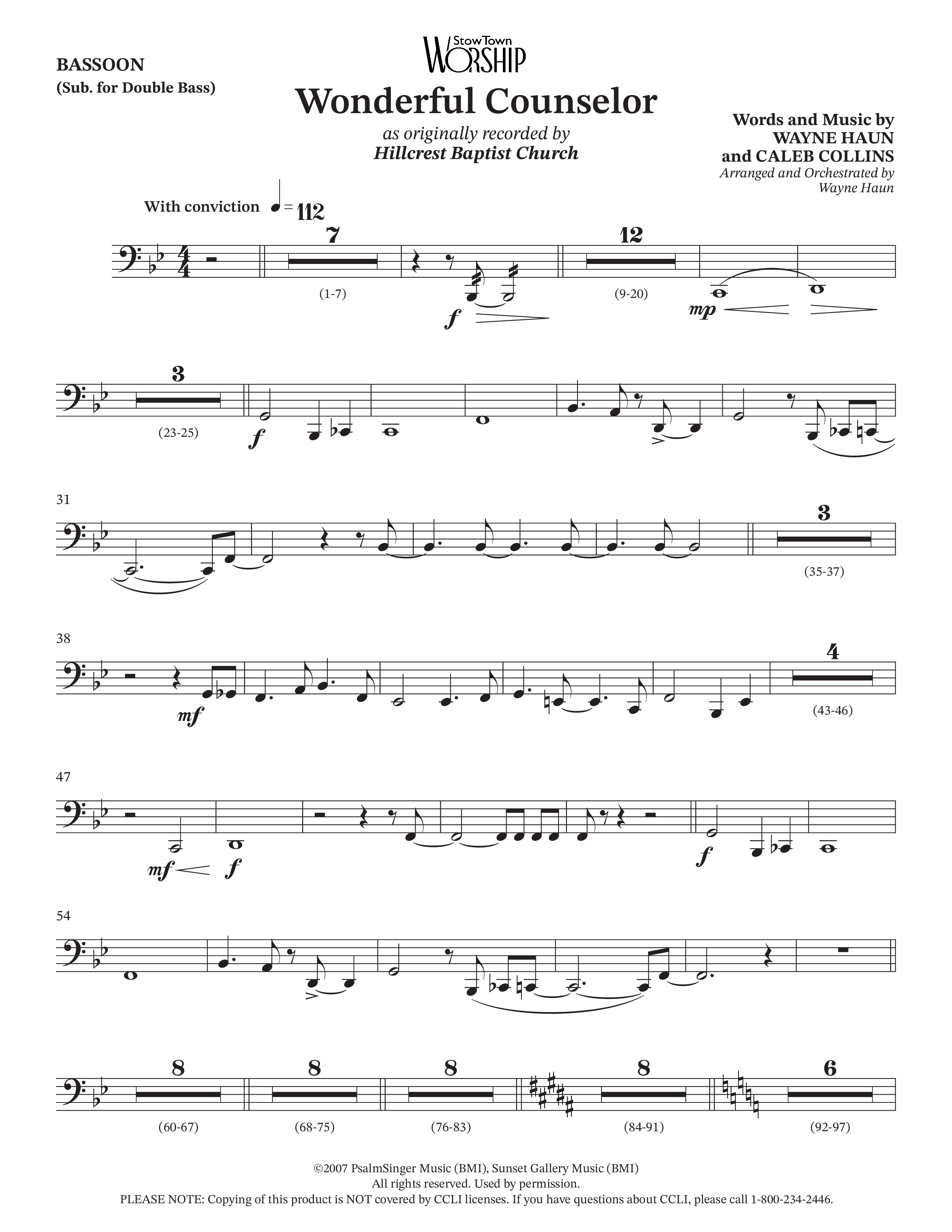 Wonderful Counselor (Choral Anthem SATB) Bassoon (Hillcrest Nashville / Arr. Wayne Haun)