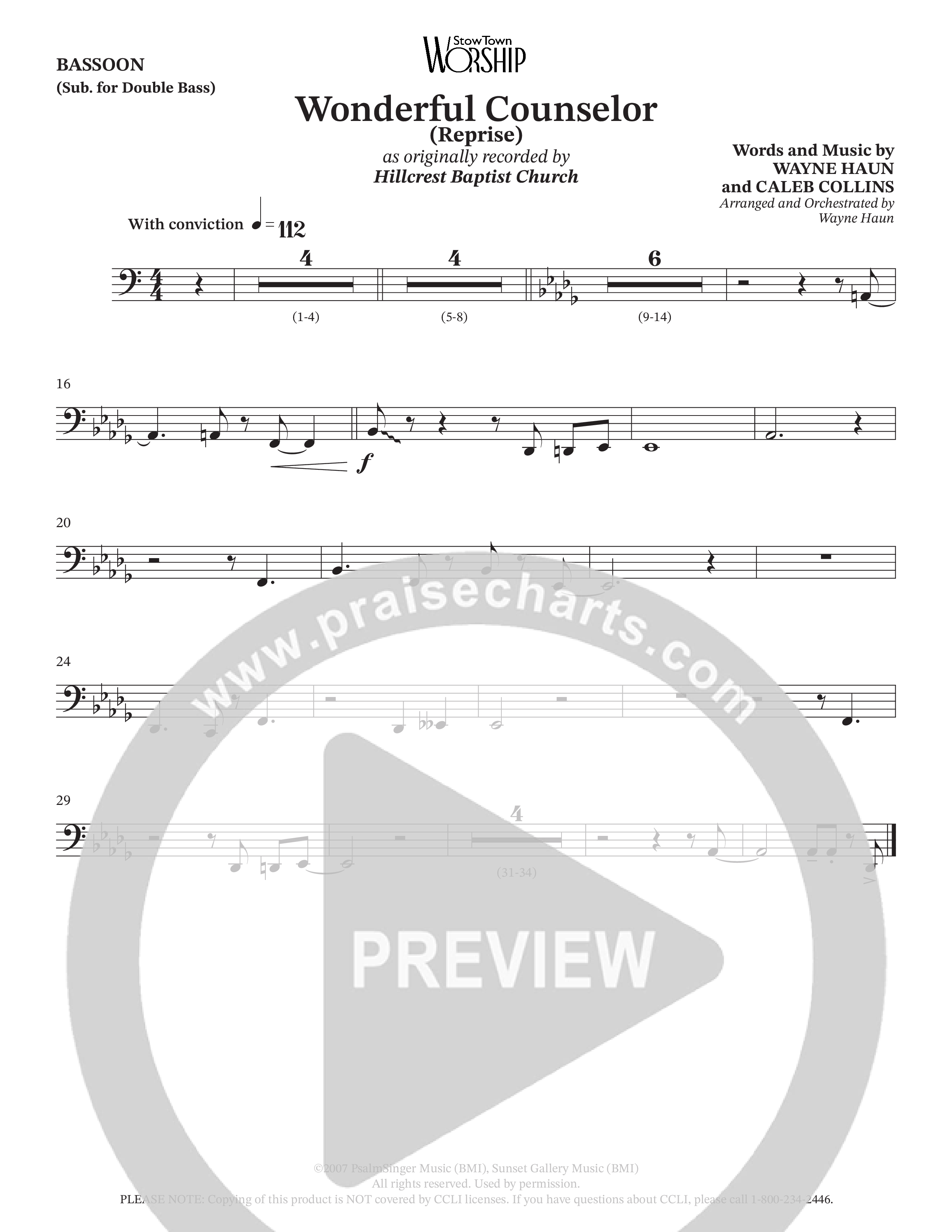 Wonderful Counselor (Choral Anthem SATB) Bassoon (Hillcrest Nashville / Arr. Wayne Haun)
