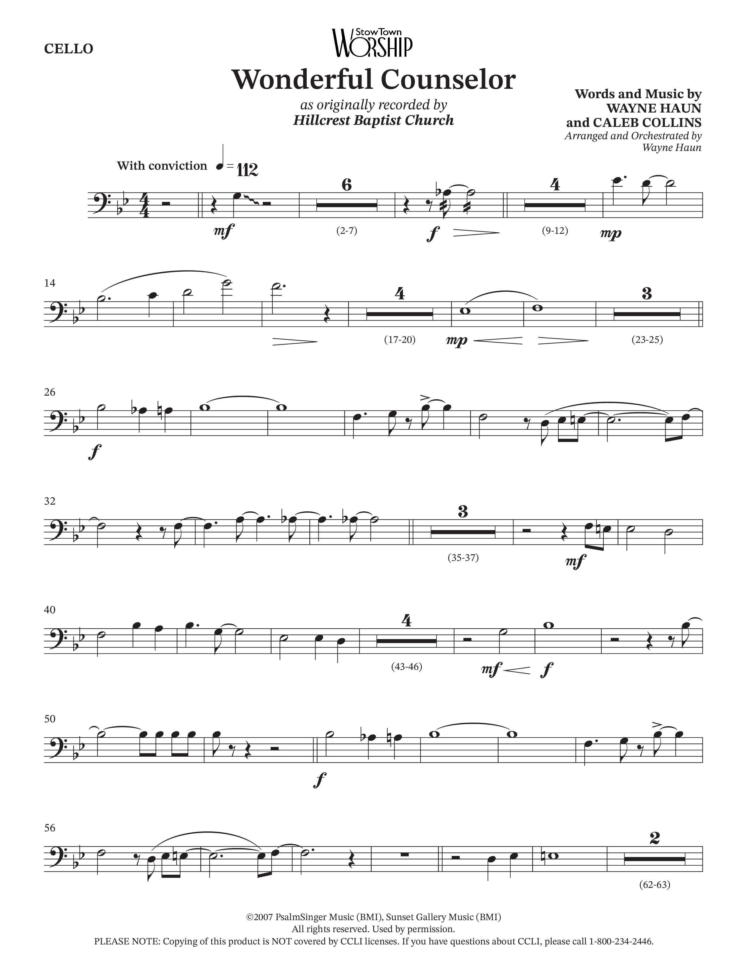 Wonderful Counselor (Choral Anthem SATB) Cello (Hillcrest Nashville / Arr. Wayne Haun)
