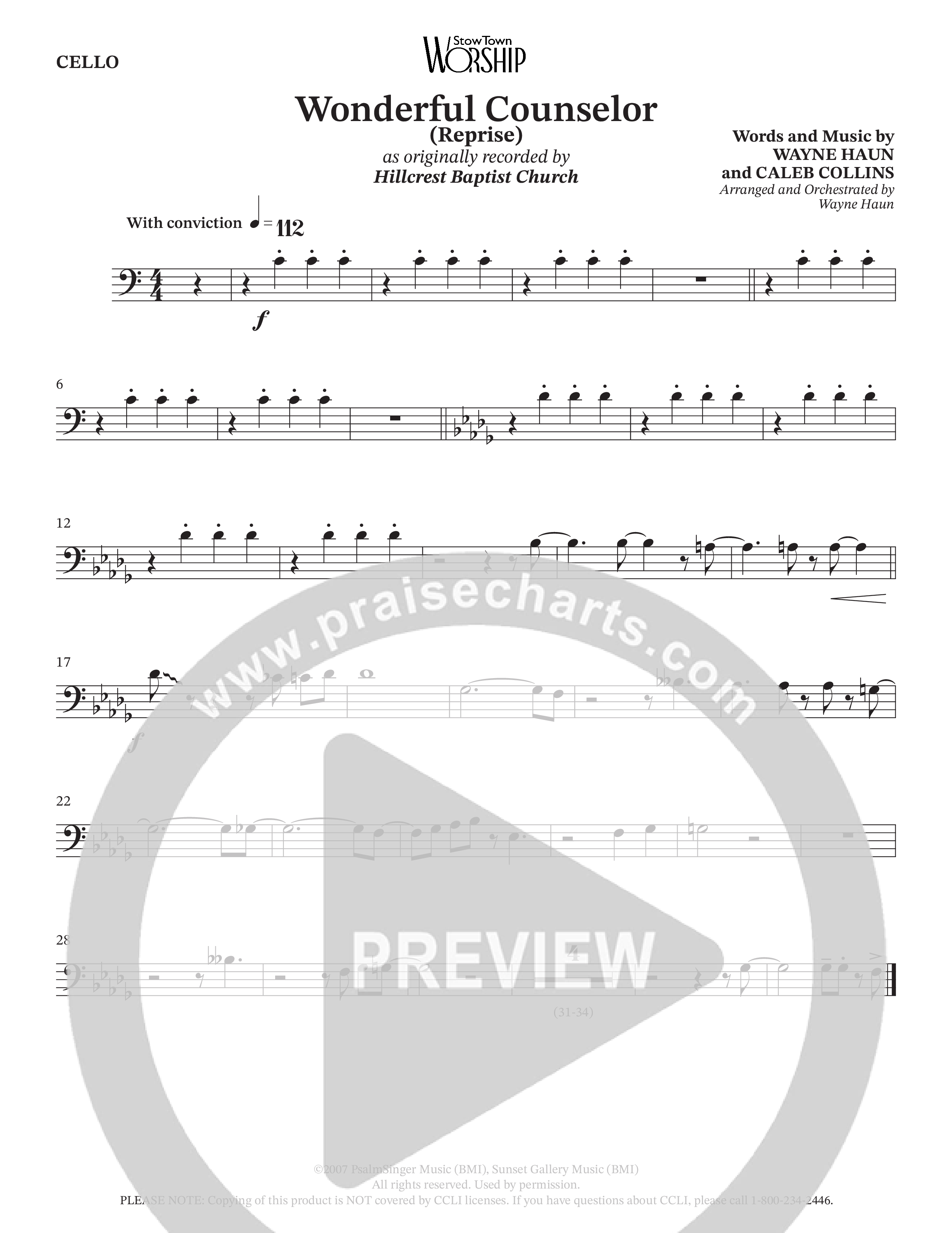 Wonderful Counselor (Choral Anthem SATB) Cello (Hillcrest Nashville / Arr. Wayne Haun)