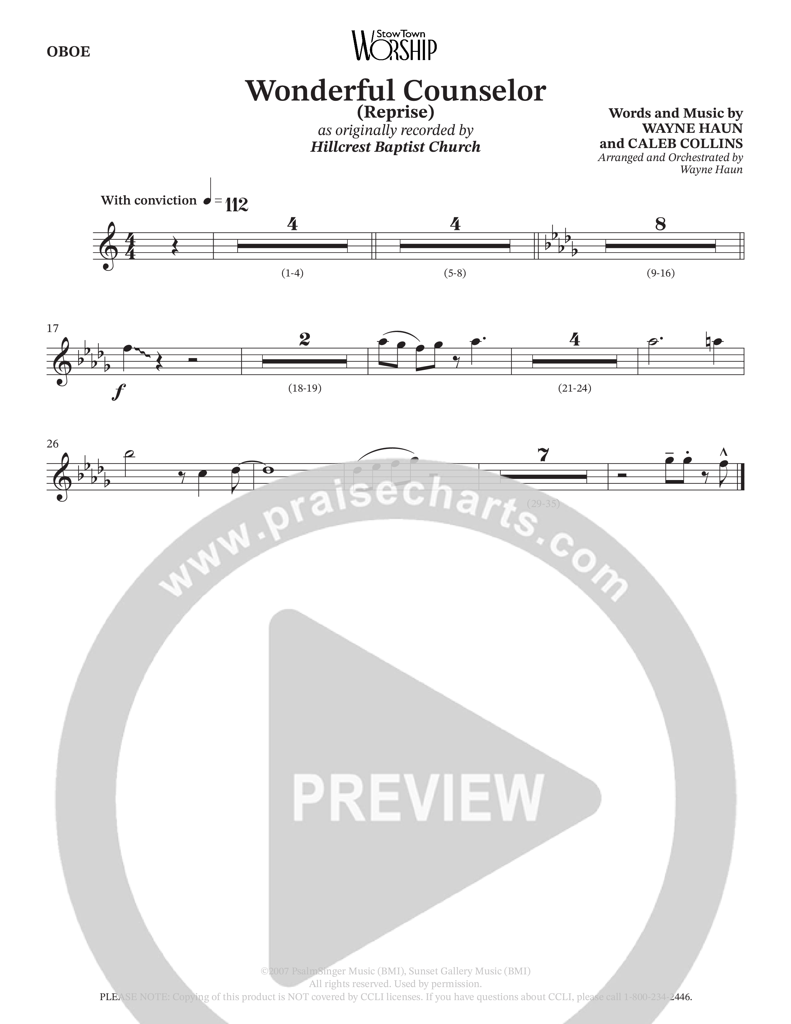 Wonderful Counselor (Choral Anthem SATB) Oboe (Hillcrest Nashville / Arr. Wayne Haun)