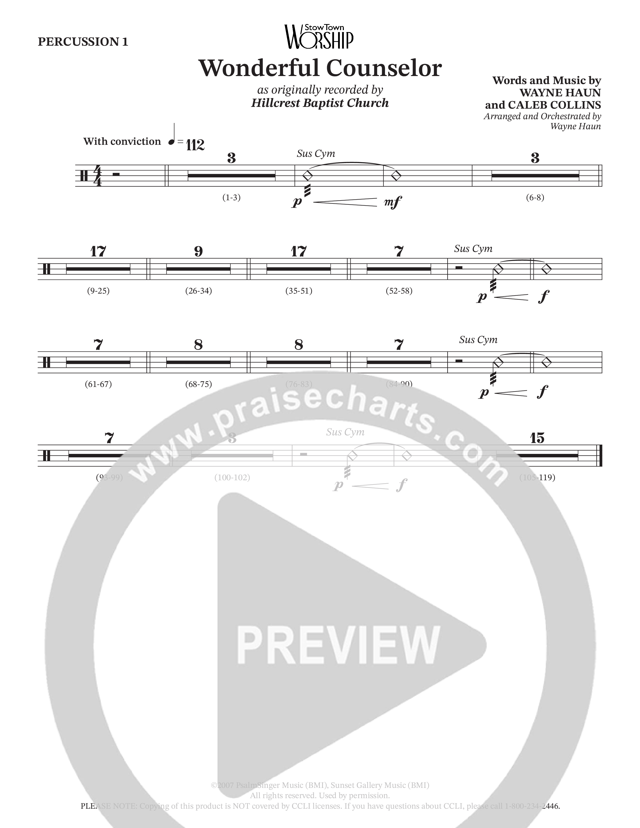 Wonderful Counselor (Choral Anthem SATB) Percussion (Hillcrest Nashville / Arr. Wayne Haun)