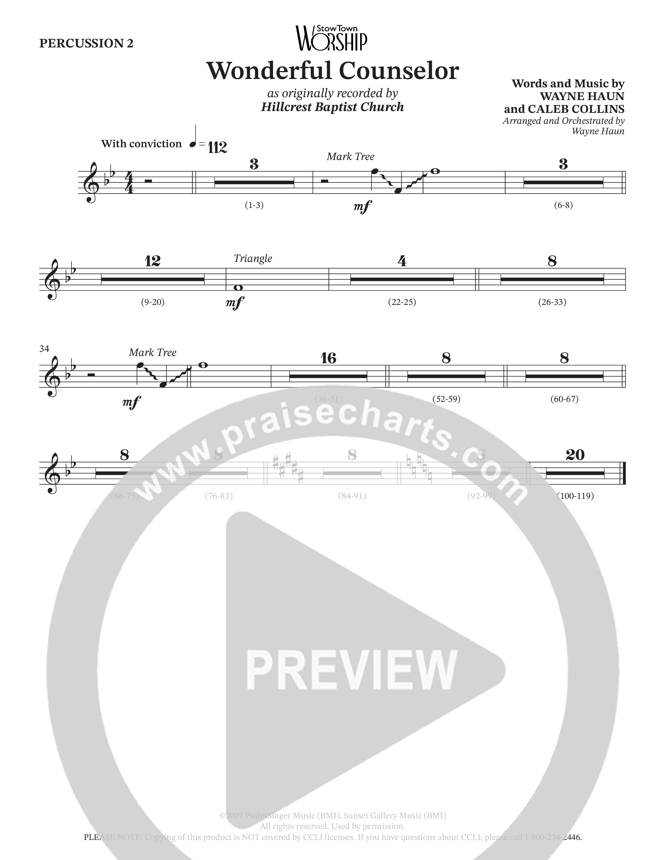 Wonderful Counselor (Choral Anthem SATB) Percussion (Hillcrest Nashville / Arr. Wayne Haun)