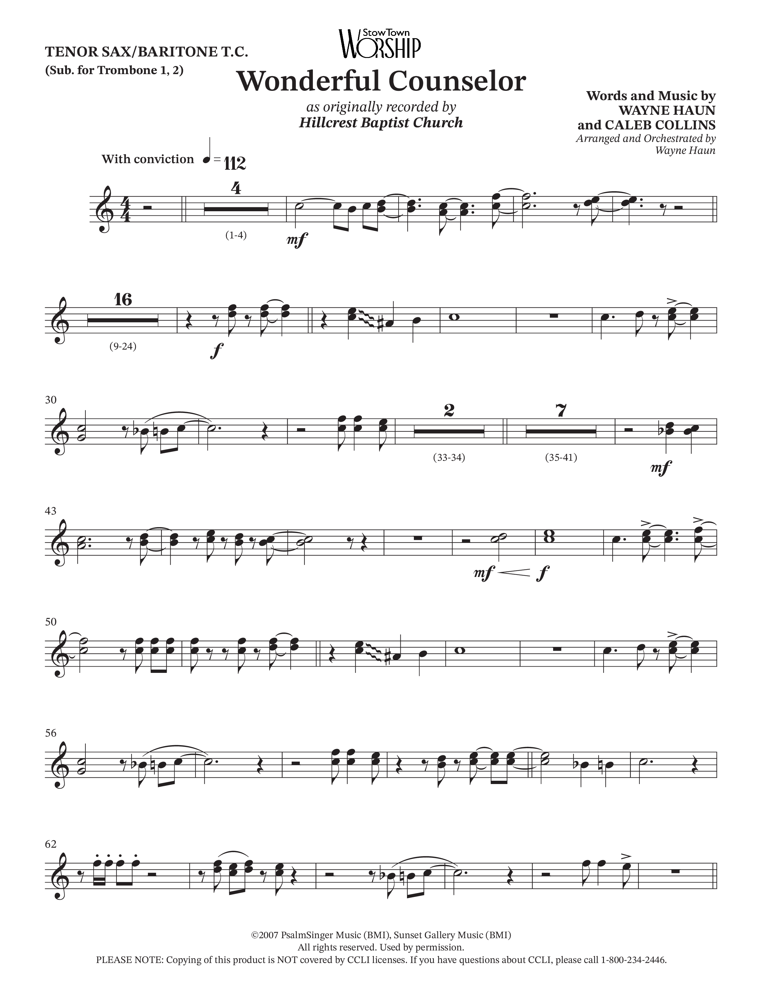 Wonderful Counselor (Choral Anthem SATB) Tenor Sax/Baritone T.C. (Hillcrest Nashville / Arr. Wayne Haun)