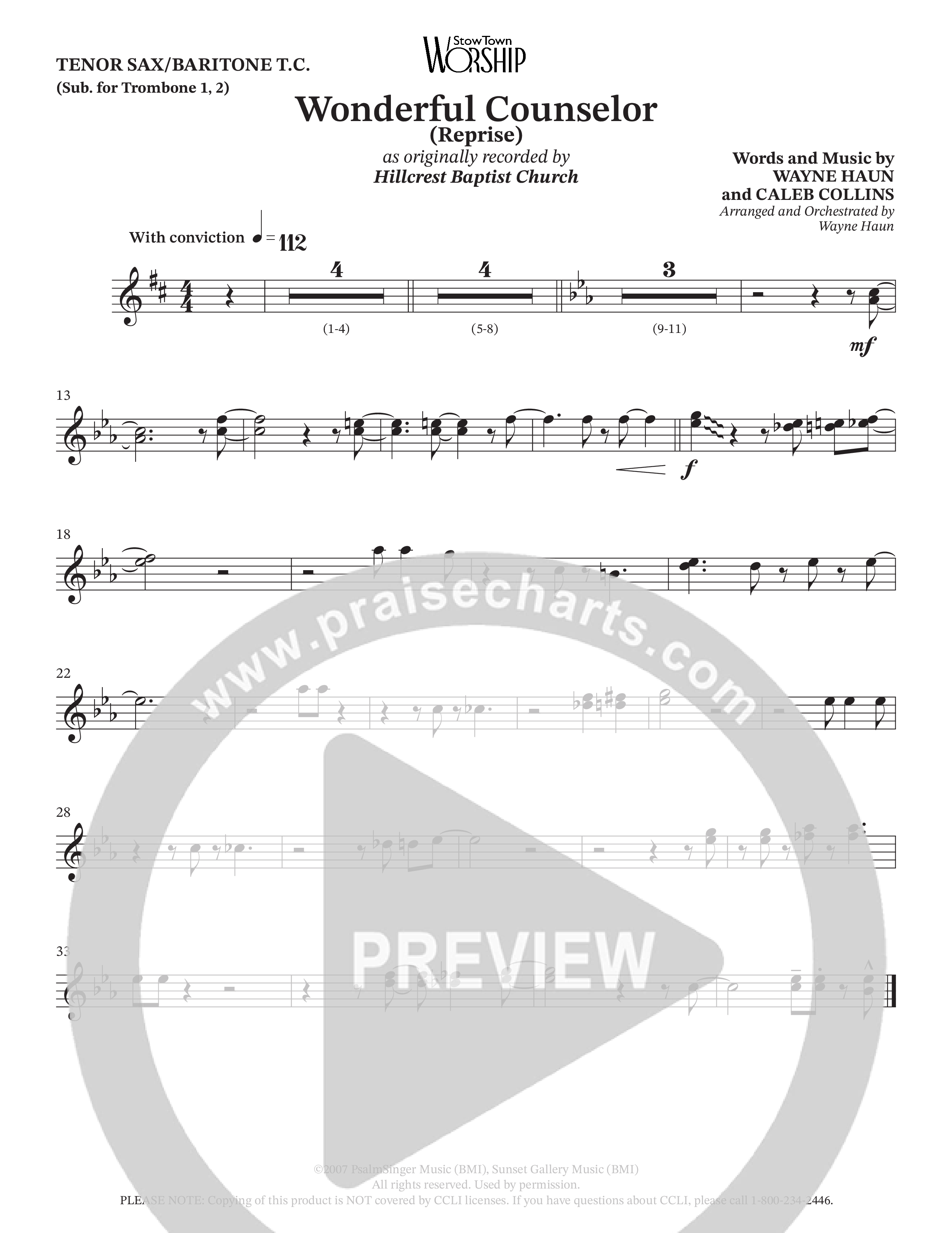 Wonderful Counselor (Choral Anthem SATB) Tenor Sax/Baritone T.C. (Hillcrest Nashville / Arr. Wayne Haun)