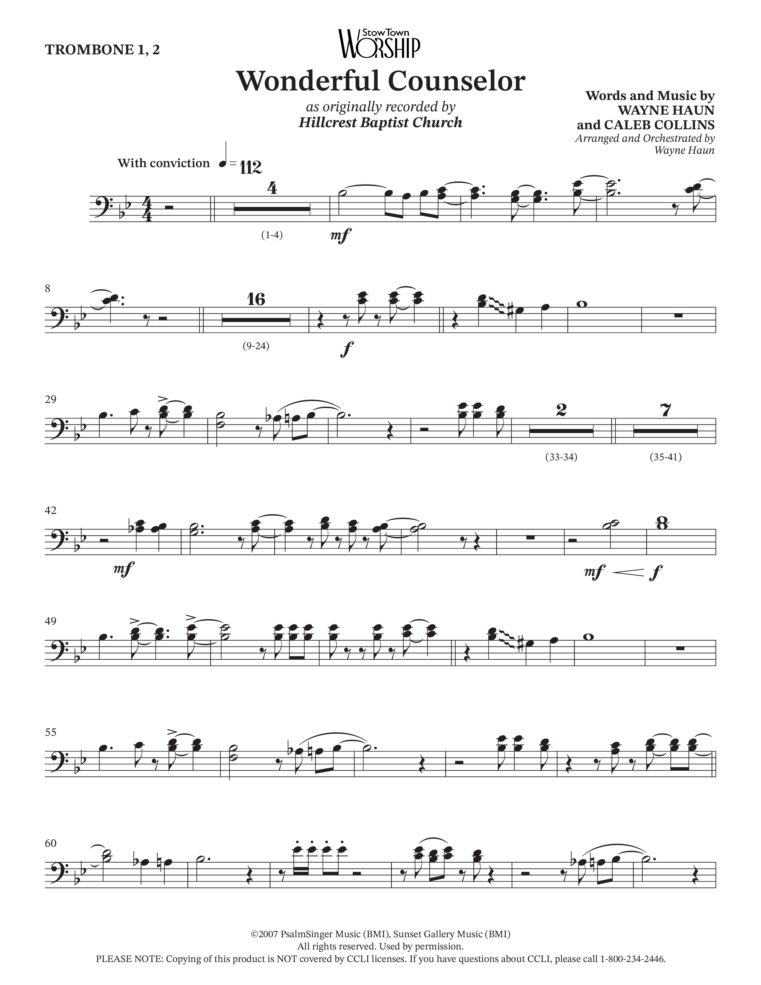 Wonderful Counselor (Choral Anthem SATB) Trombone 1/2 (Hillcrest Nashville / Arr. Wayne Haun)