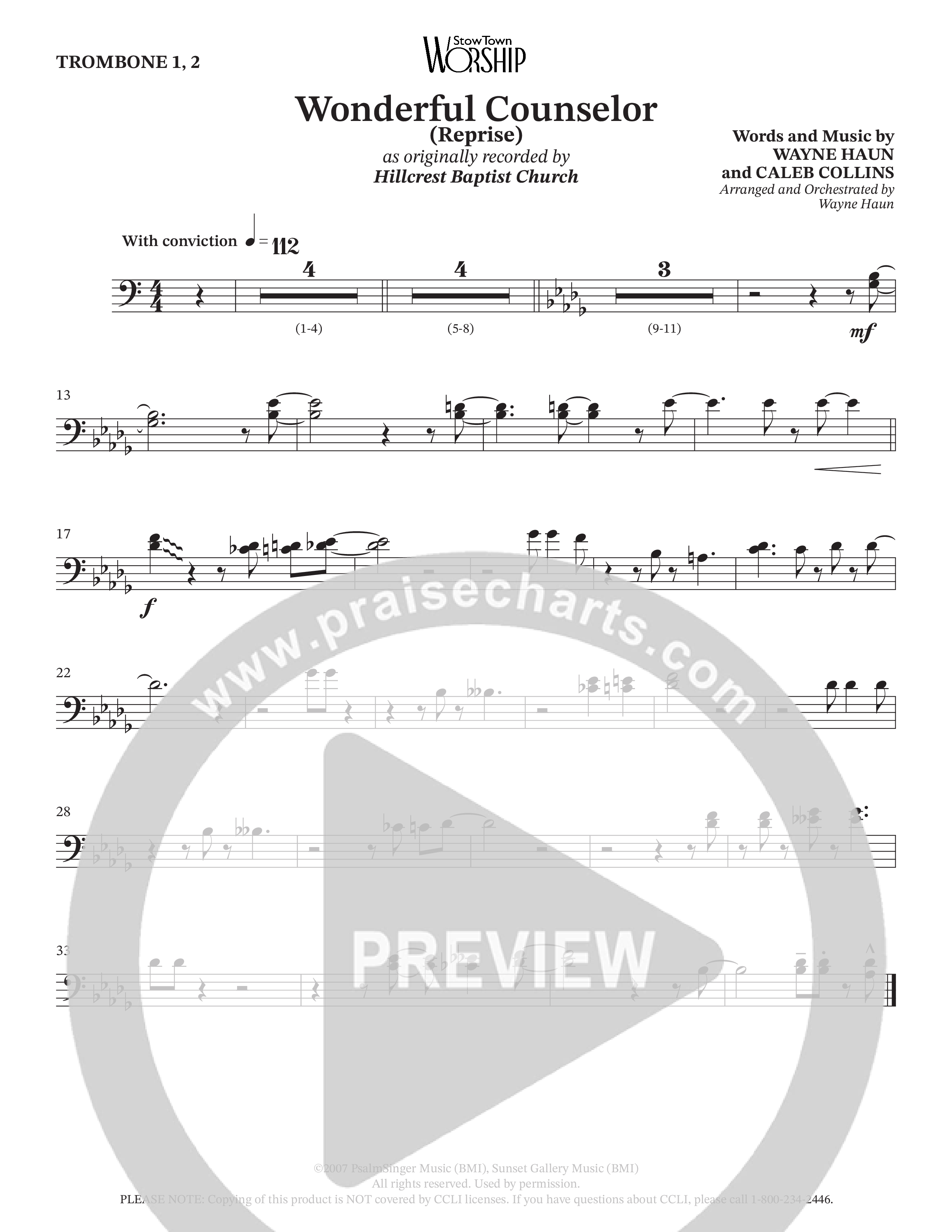 Wonderful Counselor (Choral Anthem SATB) Trombone 1/2 (Hillcrest Nashville / Arr. Wayne Haun)