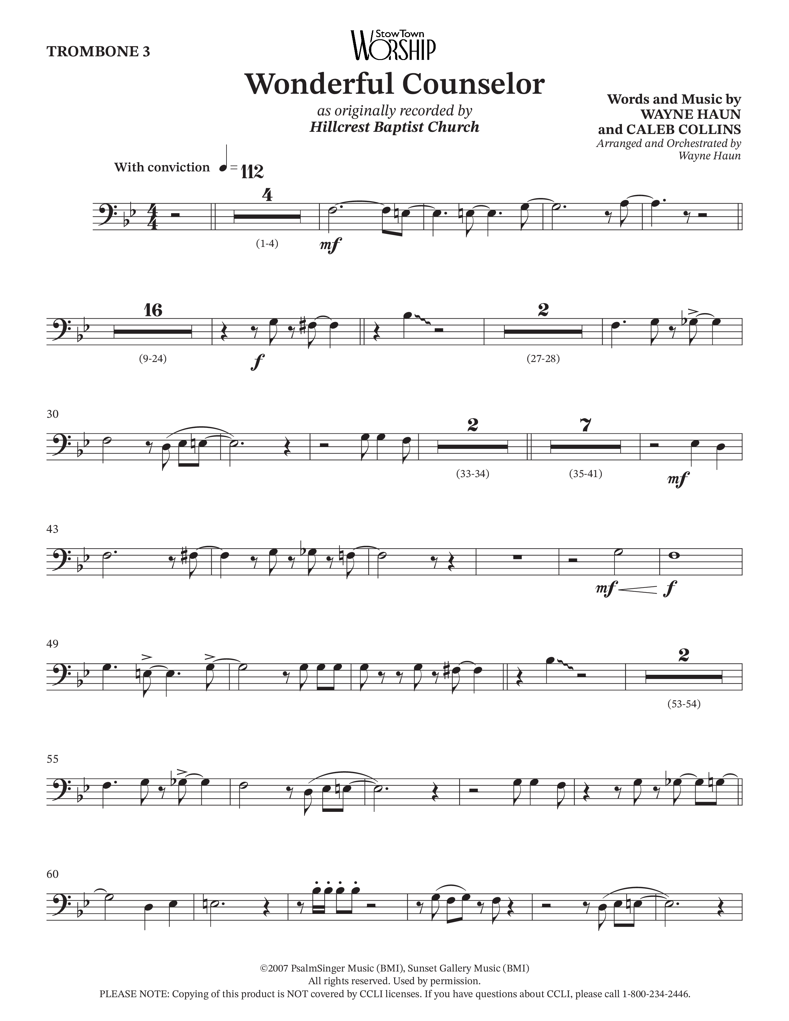 Wonderful Counselor (Choral Anthem SATB) Trombone 3 (Hillcrest Nashville / Arr. Wayne Haun)