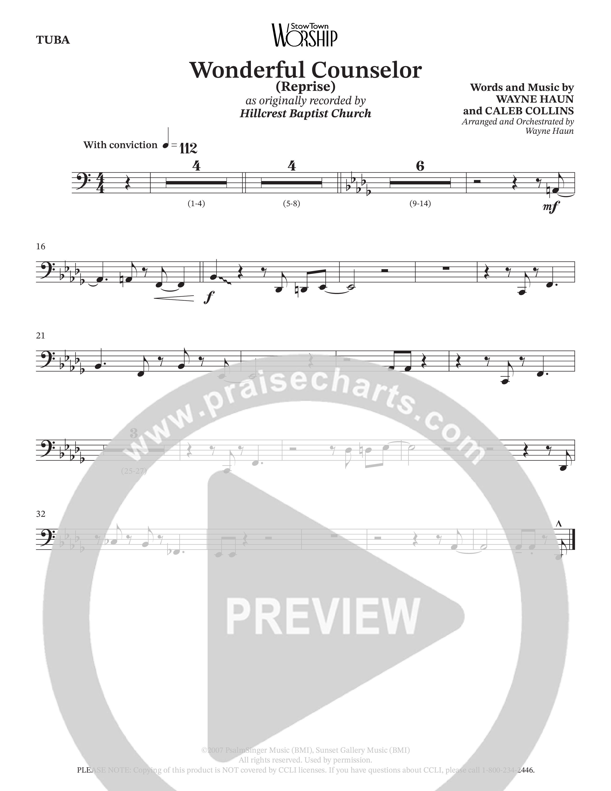 Wonderful Counselor (Choral Anthem SATB) Tuba (Hillcrest Nashville / Arr. Wayne Haun)