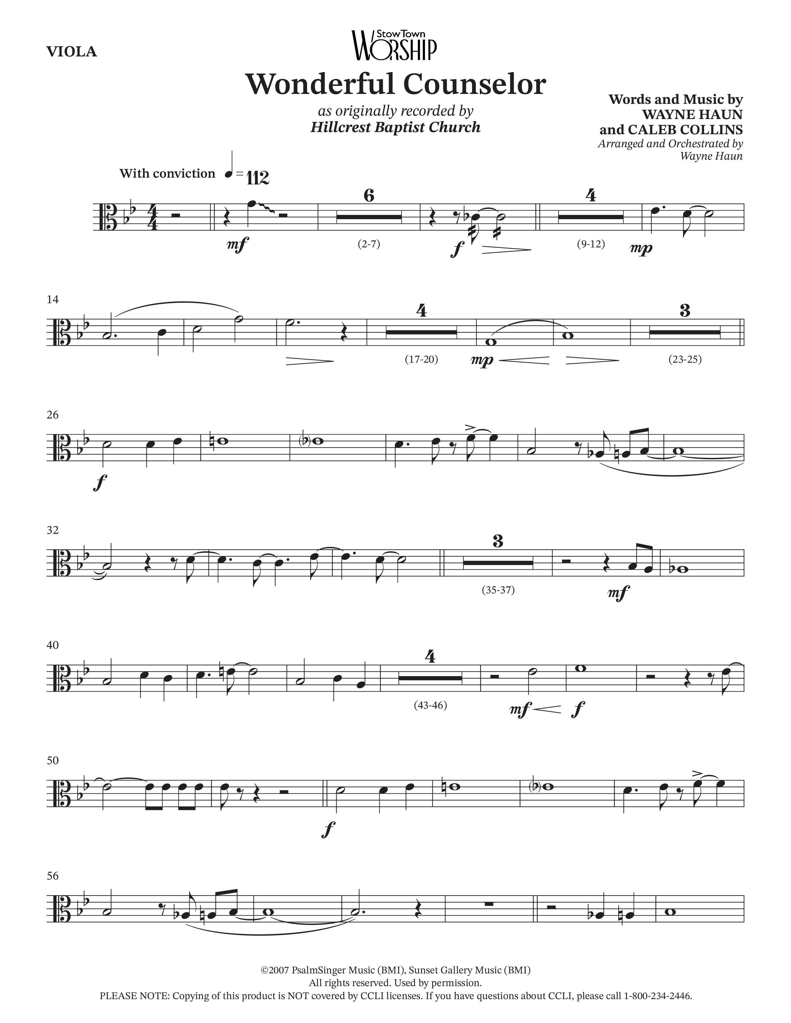 Wonderful Counselor (Choral Anthem SATB) Viola (Hillcrest Nashville / Arr. Wayne Haun)