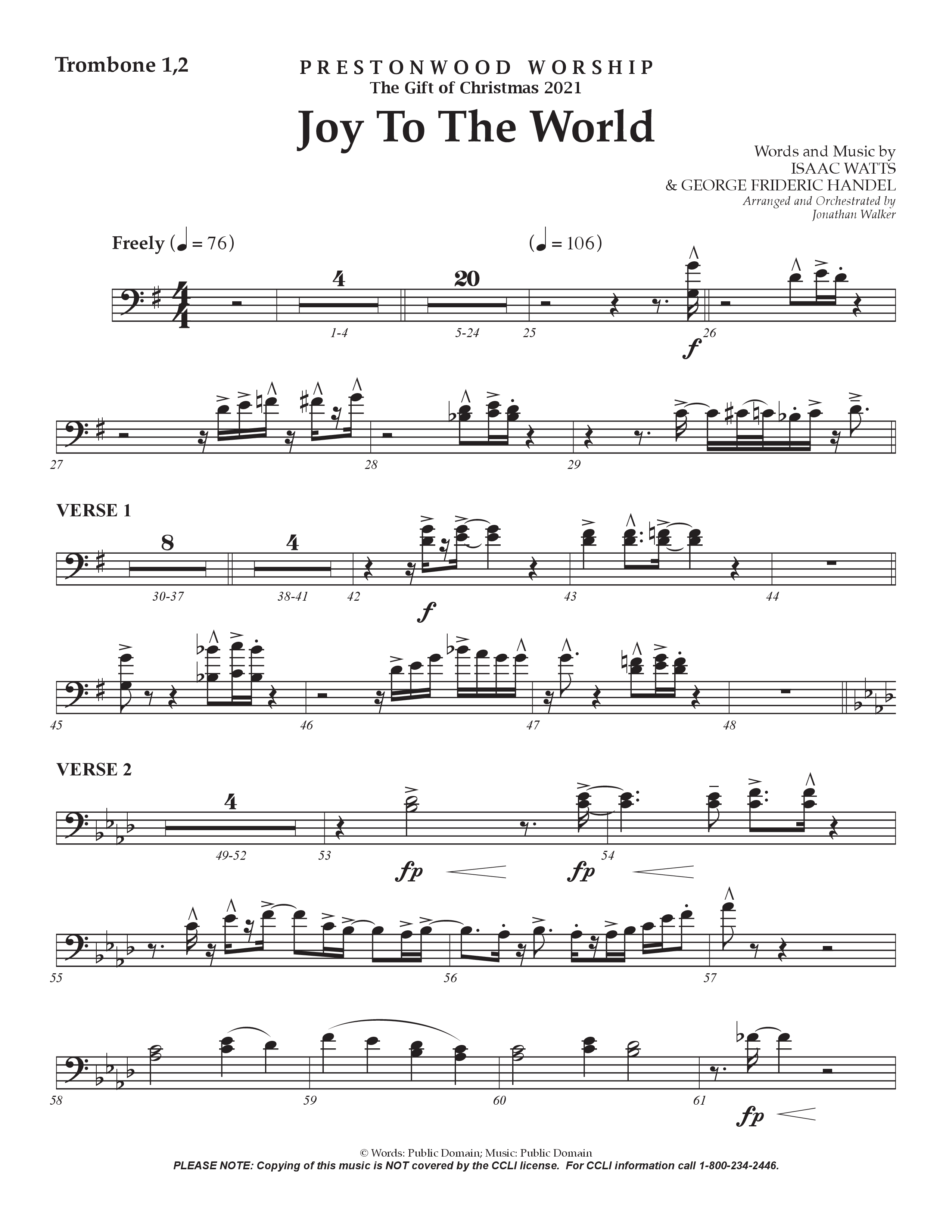 Joy To The World (Choral Anthem SATB) Trombone 1/2 (Prestonwood Worship / Arr. Jonathan Walker)
