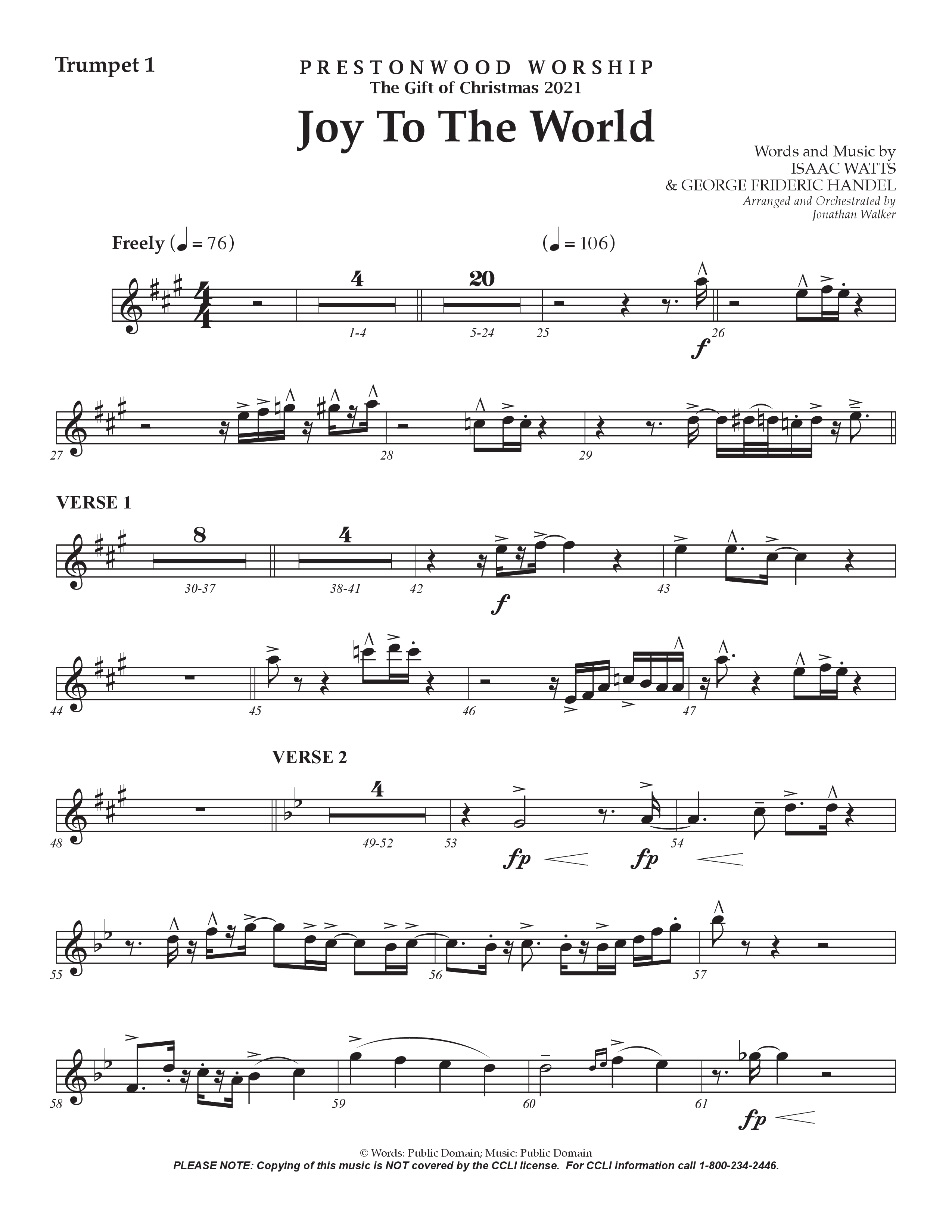 Joy To The World (Choral Anthem SATB) Trumpet 1 (Prestonwood Worship / Arr. Jonathan Walker)