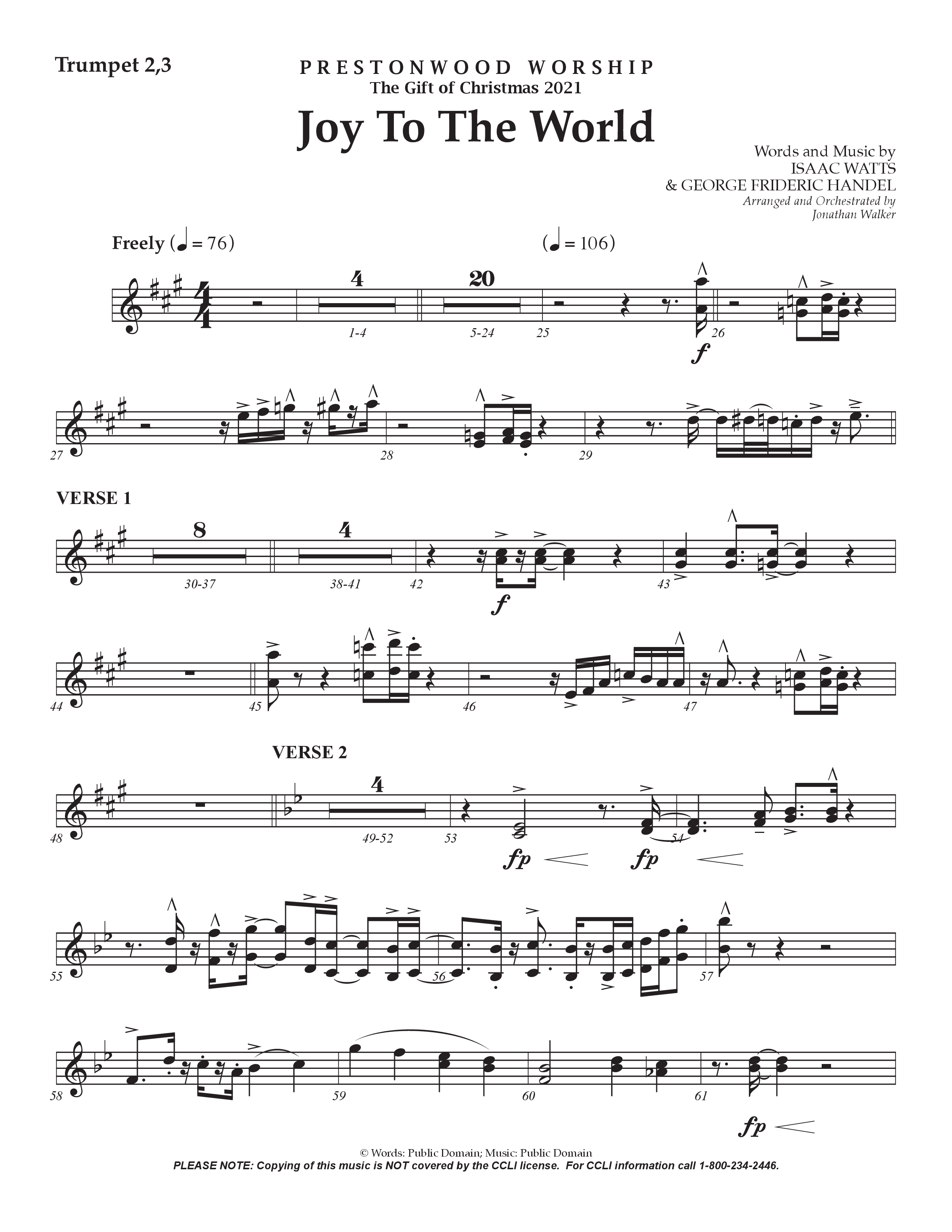 Joy To The World (Choral Anthem SATB) Trumpet 2/3 (Prestonwood Worship / Arr. Jonathan Walker)