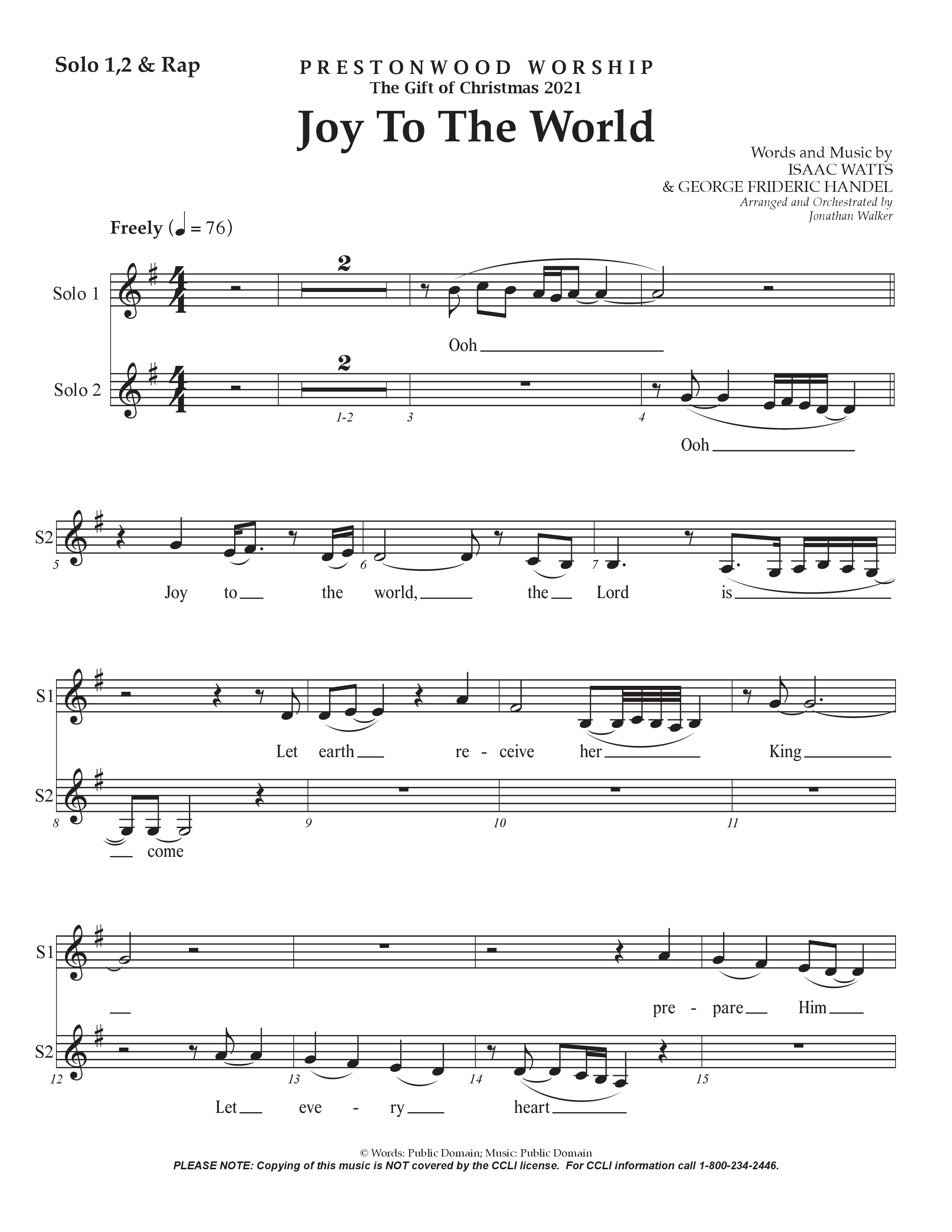 Joy To The World (Choral Anthem SATB) Vocal Solo (Prestonwood Worship / Arr. Jonathan Walker)