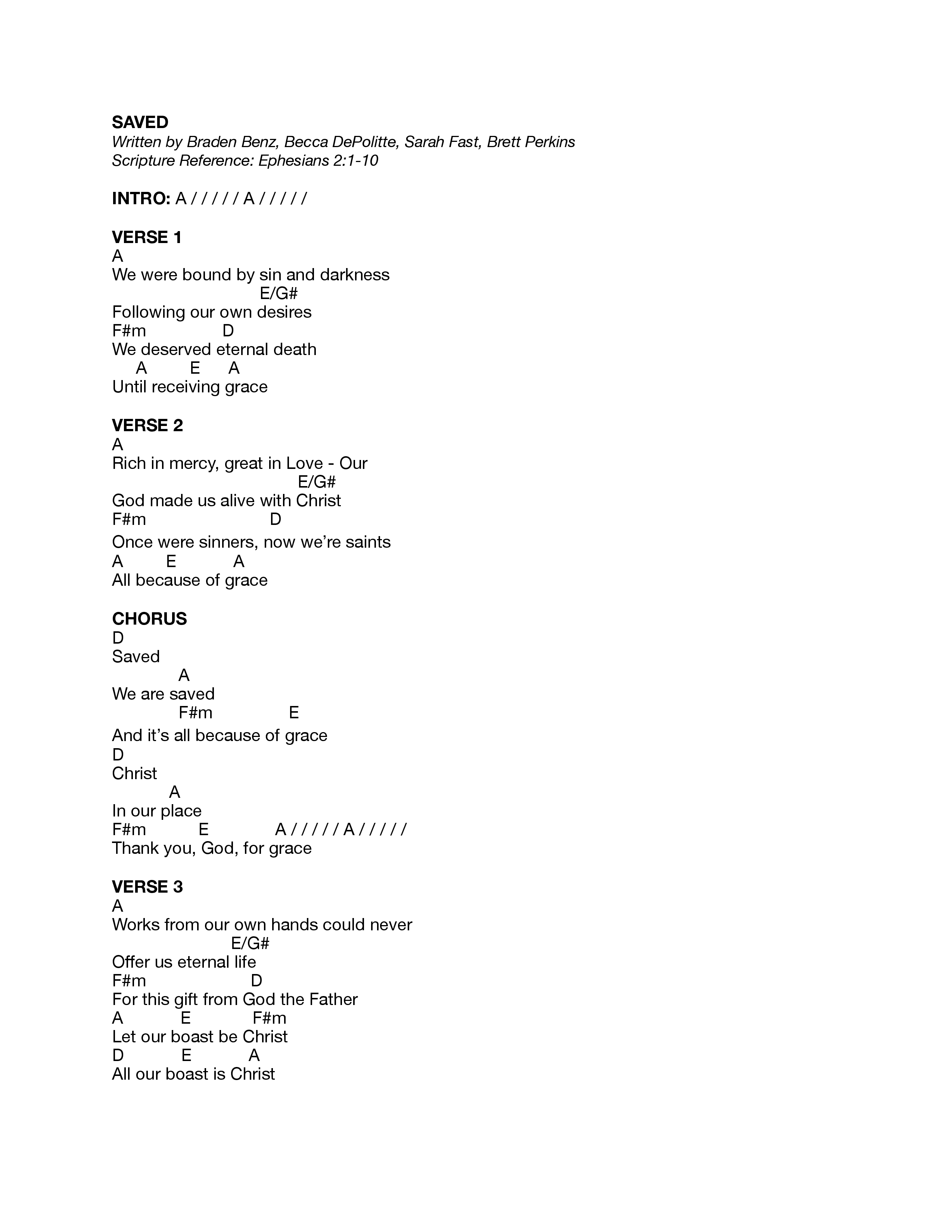 Saved Chord Chart (Journey Worship Co)