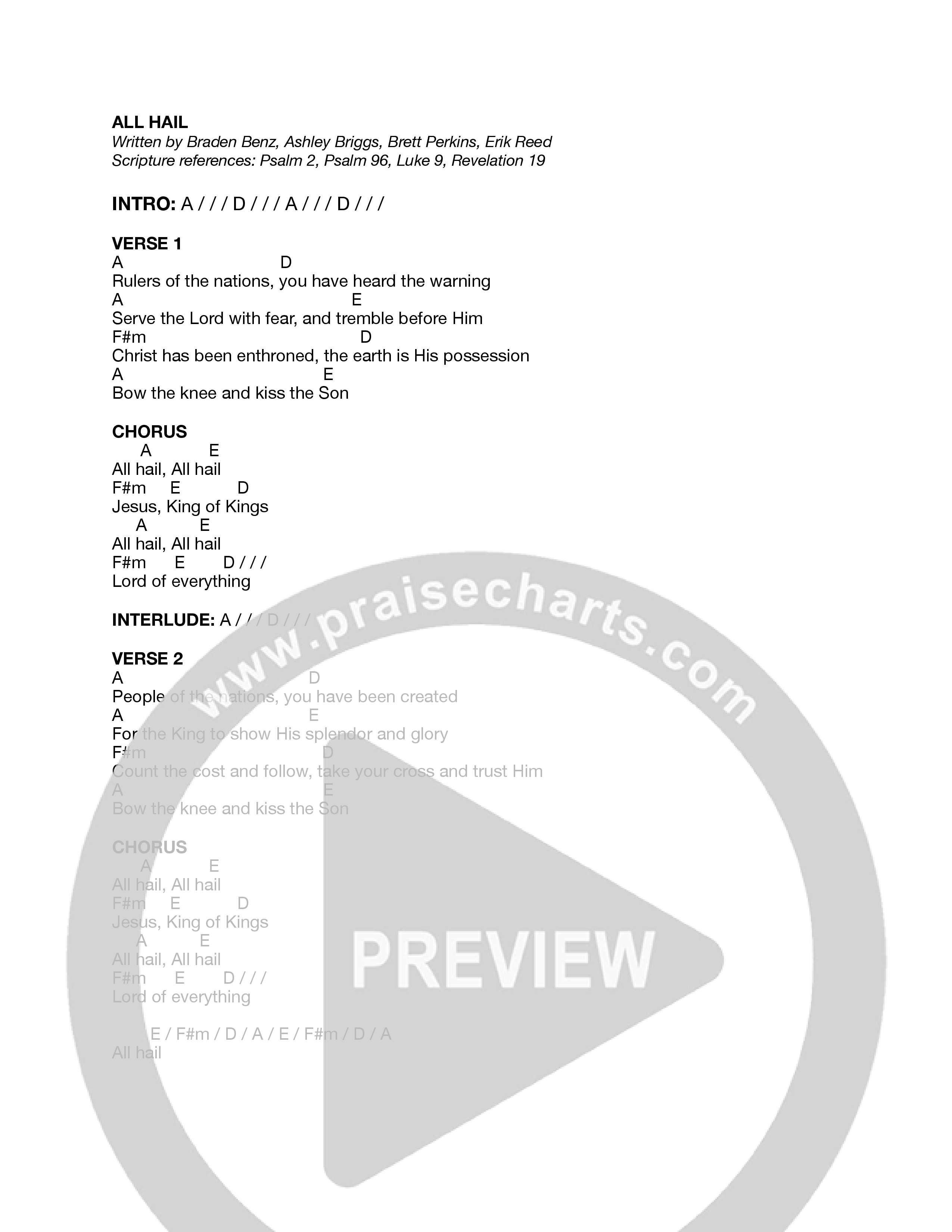 All Hail Chord Chart (Journey Worship Co)