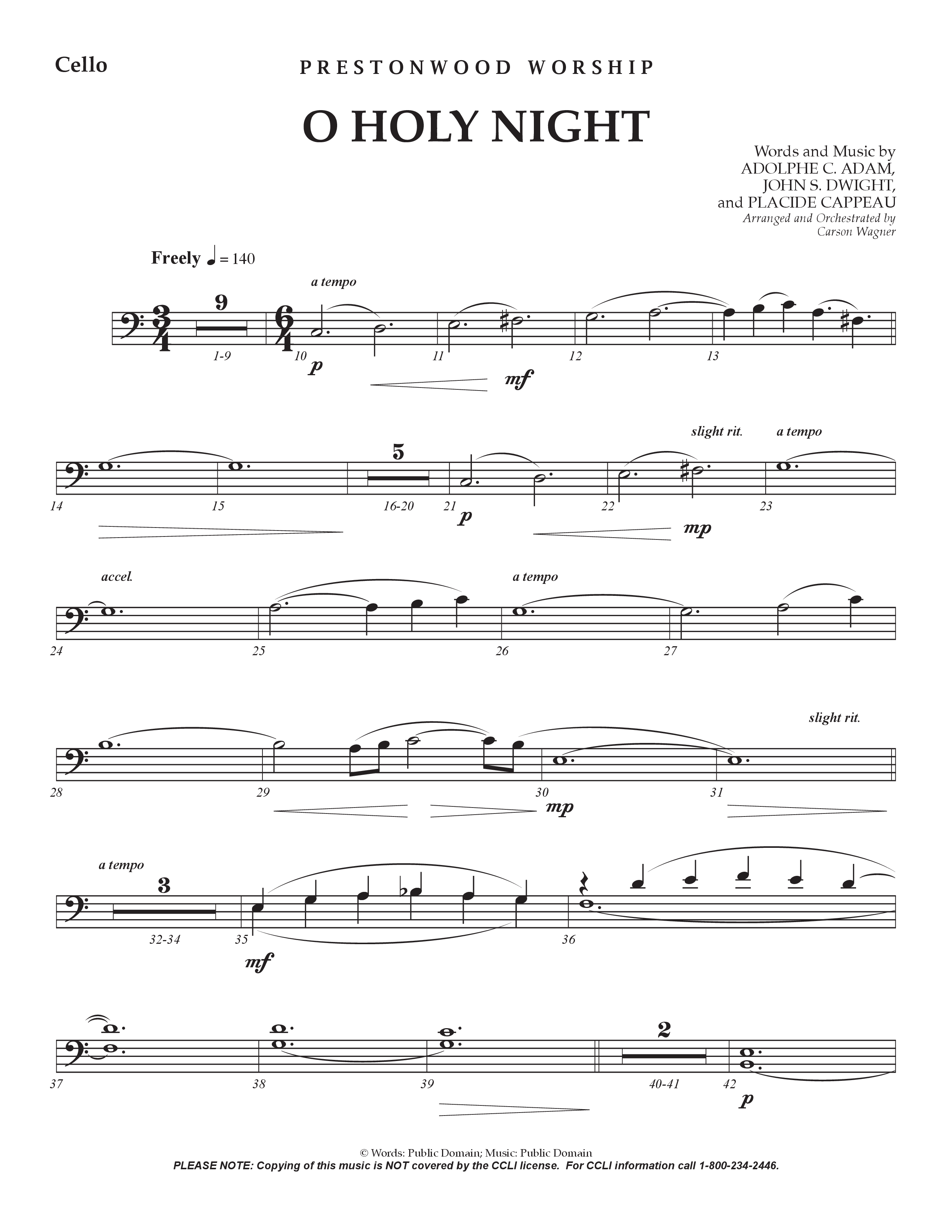 O Holy Night (Choral Anthem SATB) Cello (Prestonwood Worship / Arr. Jonathan Walker)