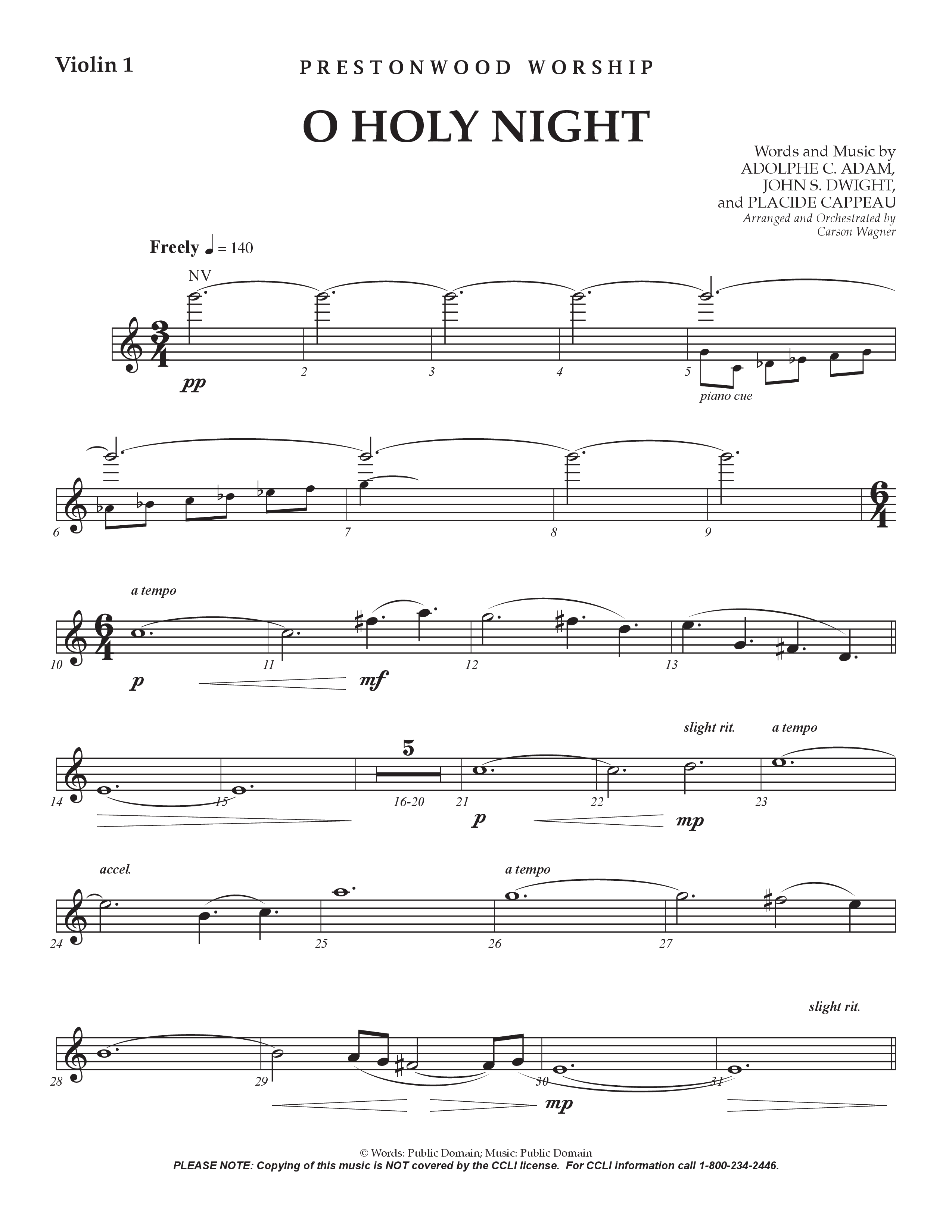 O Holy Night (Choral Anthem SATB) Violin 1 (Prestonwood Worship / Arr. Jonathan Walker)