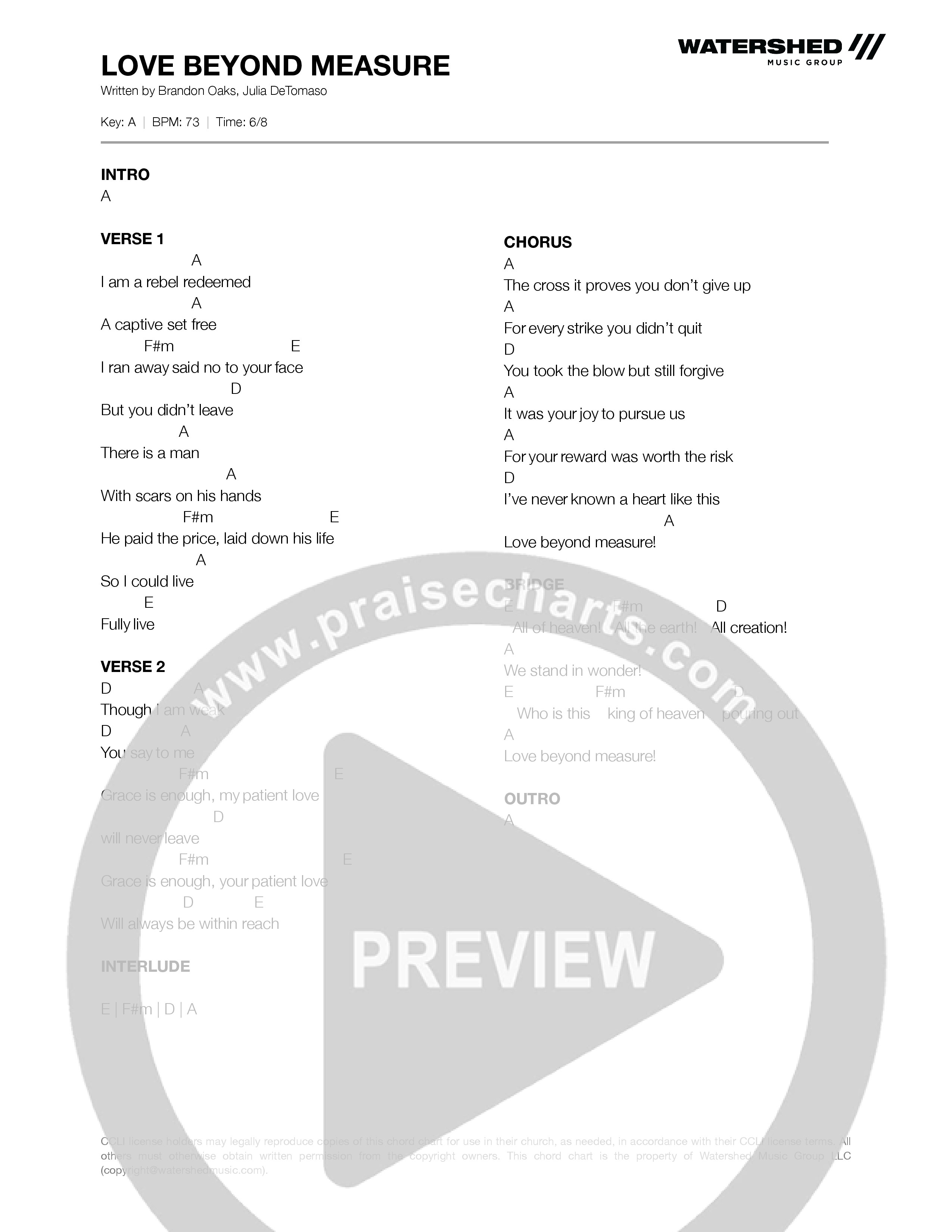 Love Beyond Measure Chord Chart (Brandon Oaks)