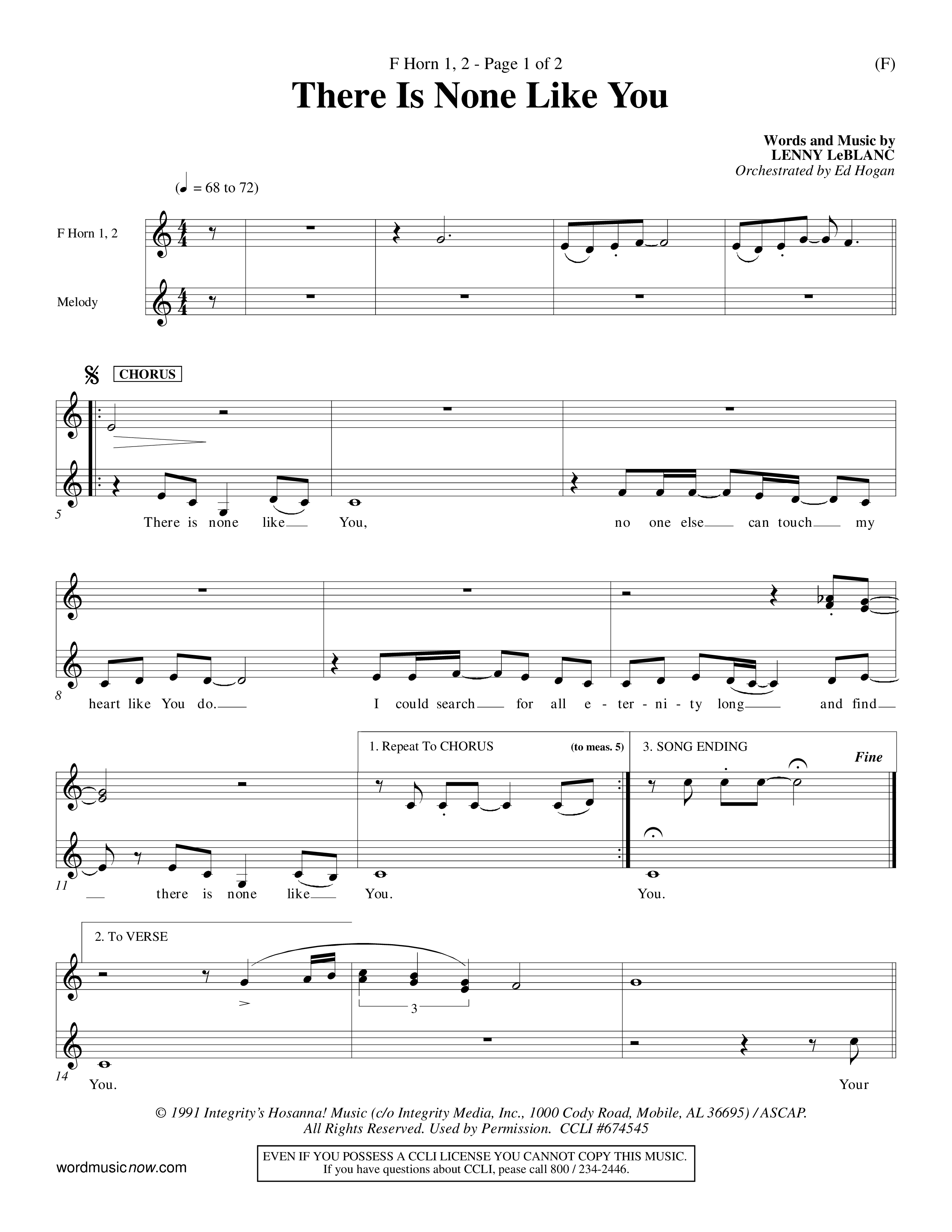 There Is None Like You (Choral Anthem SATB) French Horn (Word Music Choral / Orch. Ed Hogan)
