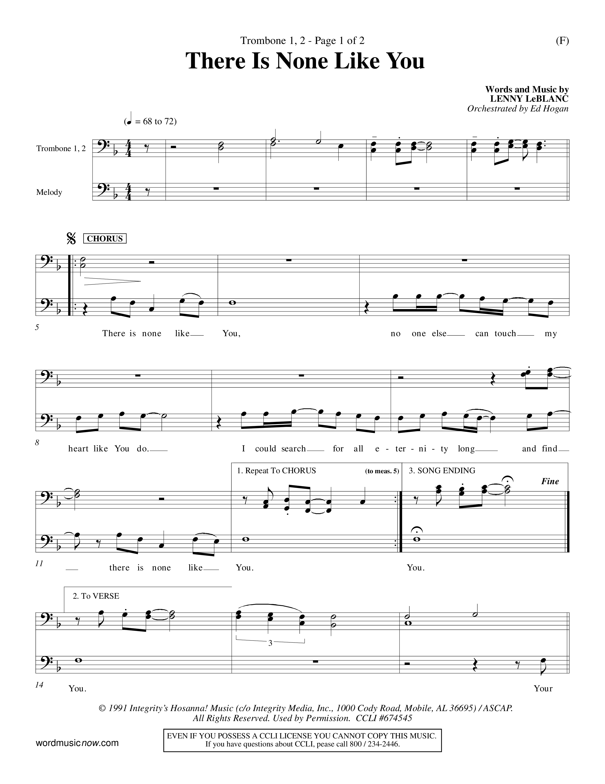 There Is None Like You (Choral Anthem SATB) Trombone 1/2 (Word Music Choral / Orch. Ed Hogan)