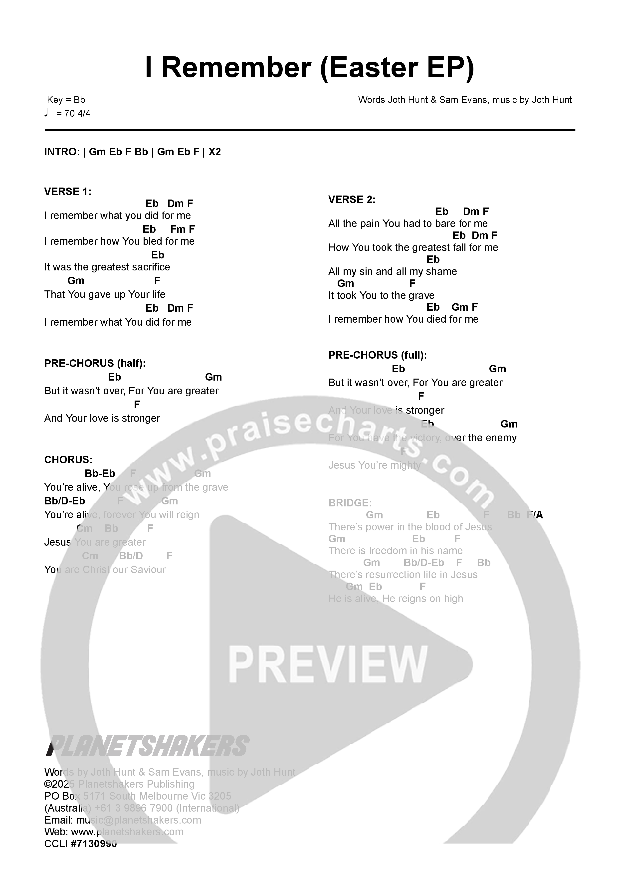 I Remember (Easter Version) Chord Chart (Planetshakers)