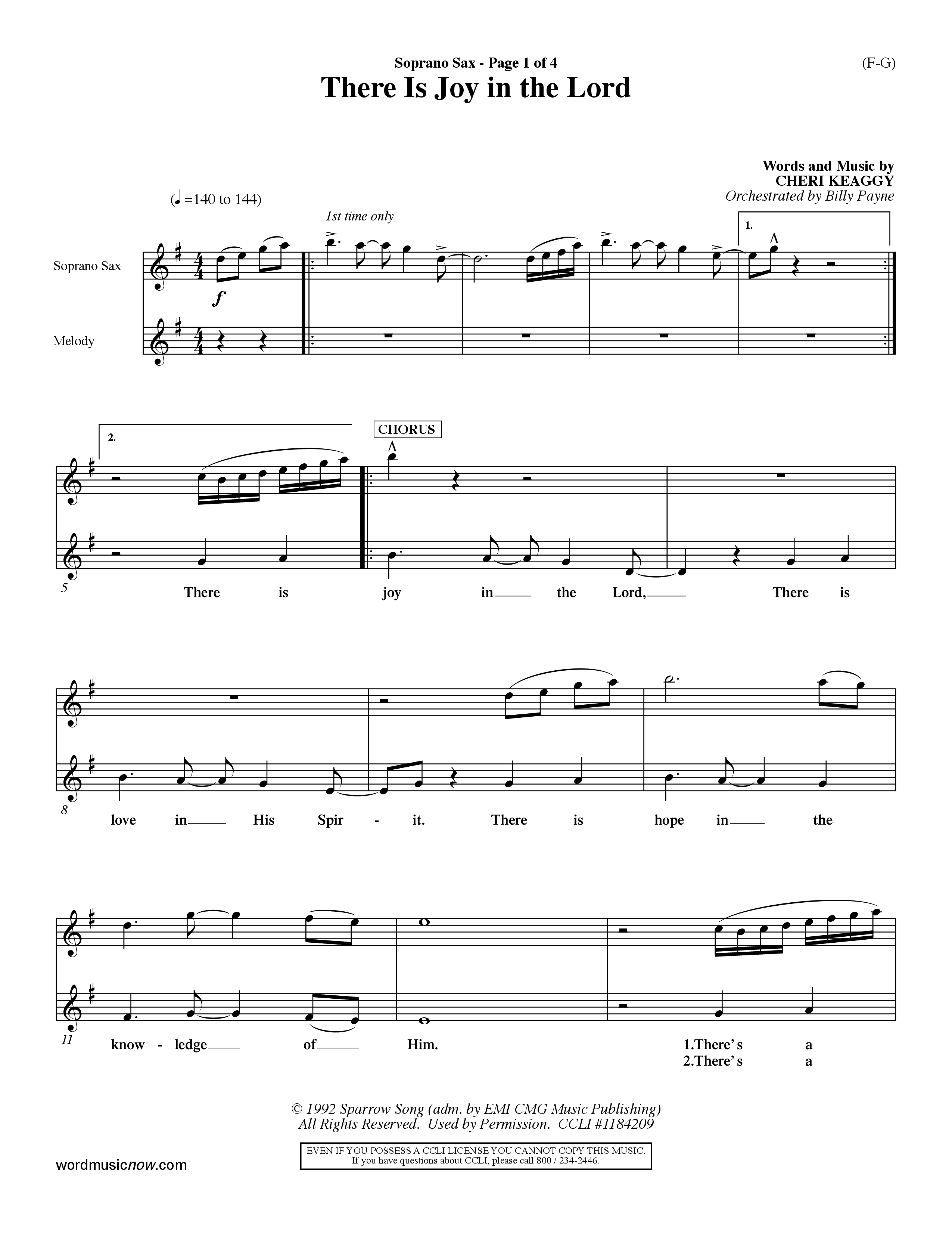 There Is Joy In The Lord (Choral Anthem SATB) Saxophone (Word Music Choral / Orch. Billy Payne)