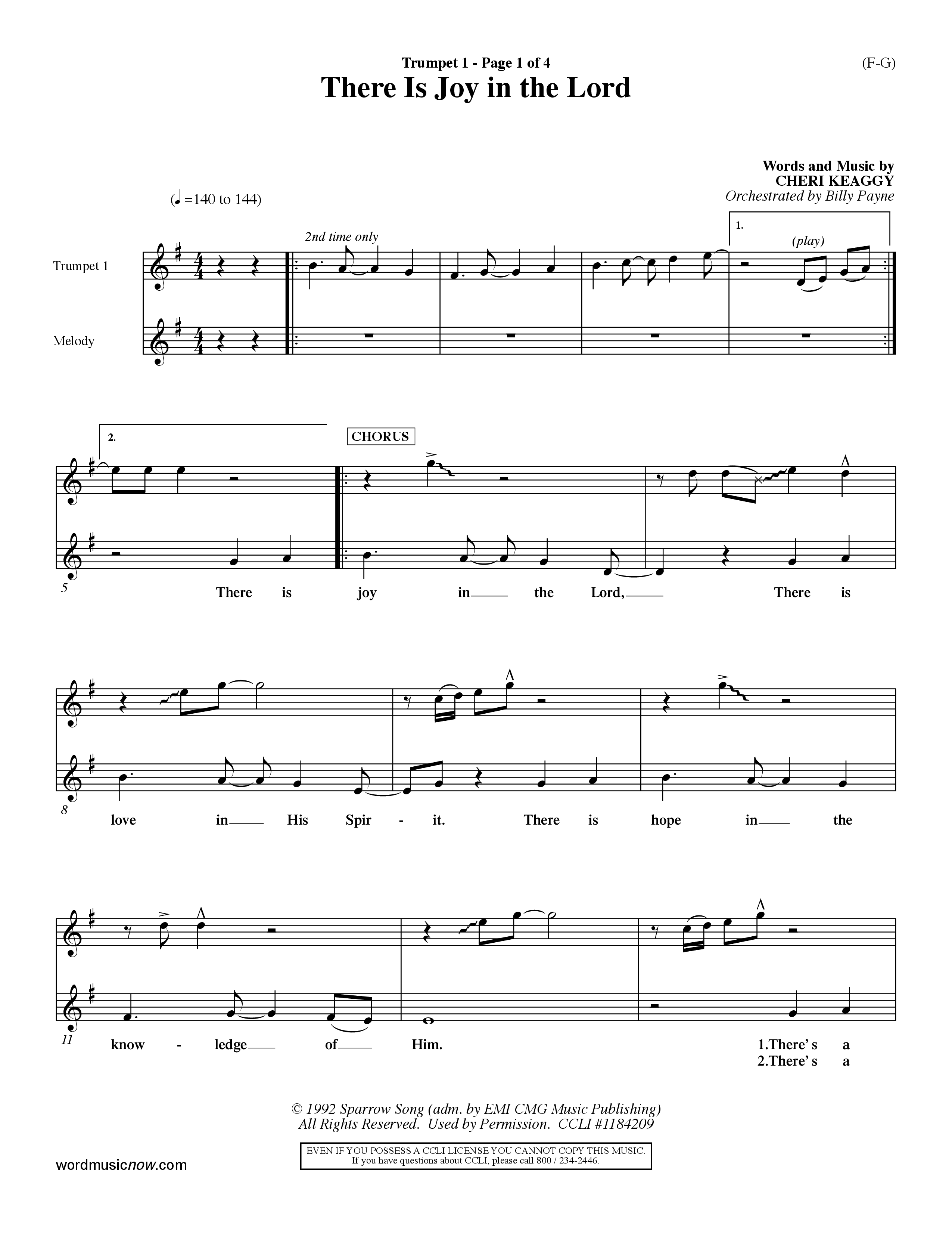 There Is Joy In The Lord (Choral Anthem SATB) Trumpet 1 (Word Music Choral / Orch. Billy Payne)
