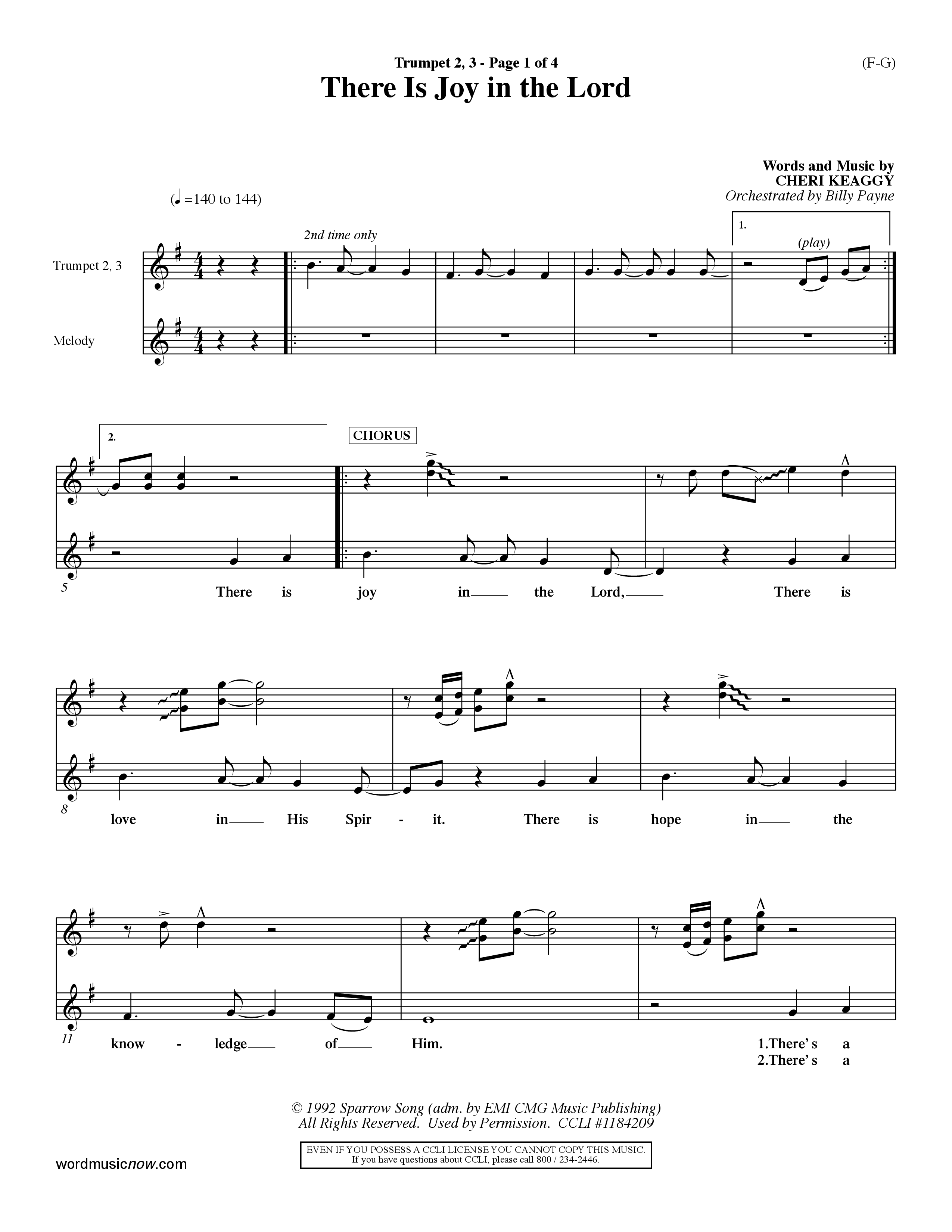 There Is Joy In The Lord (Choral Anthem SATB) Trumpet 2/3 (Word Music Choral / Orch. Billy Payne)