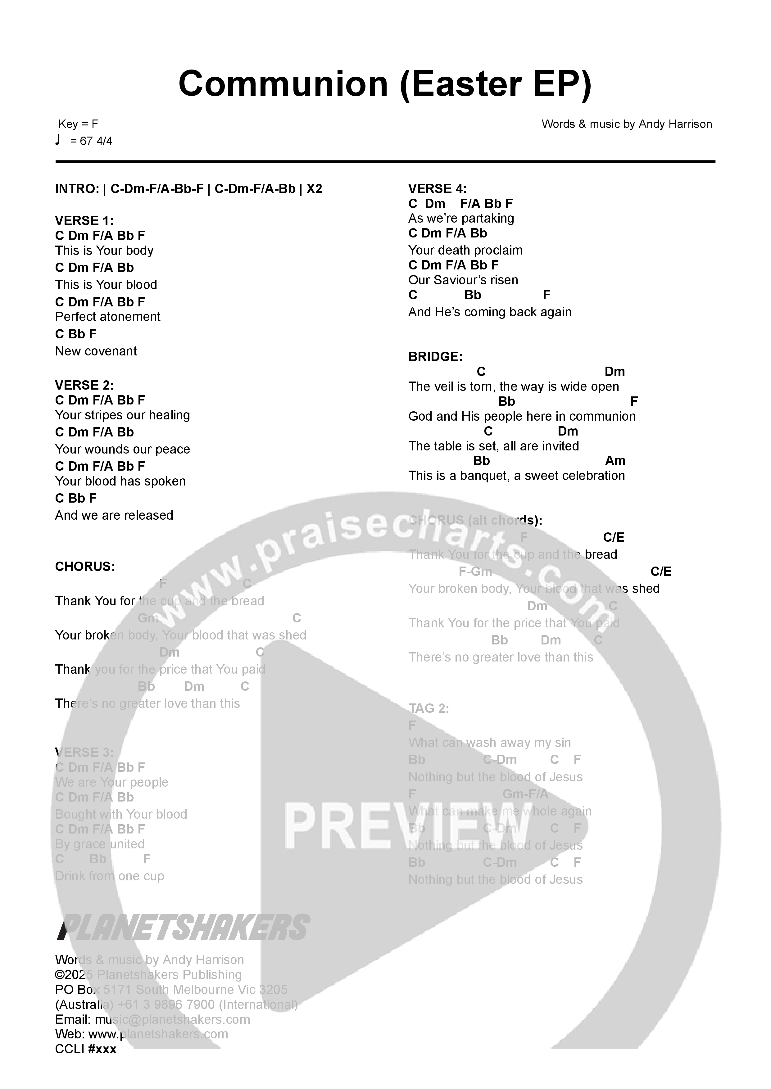 Communion Chord Chart (Planetshakers)