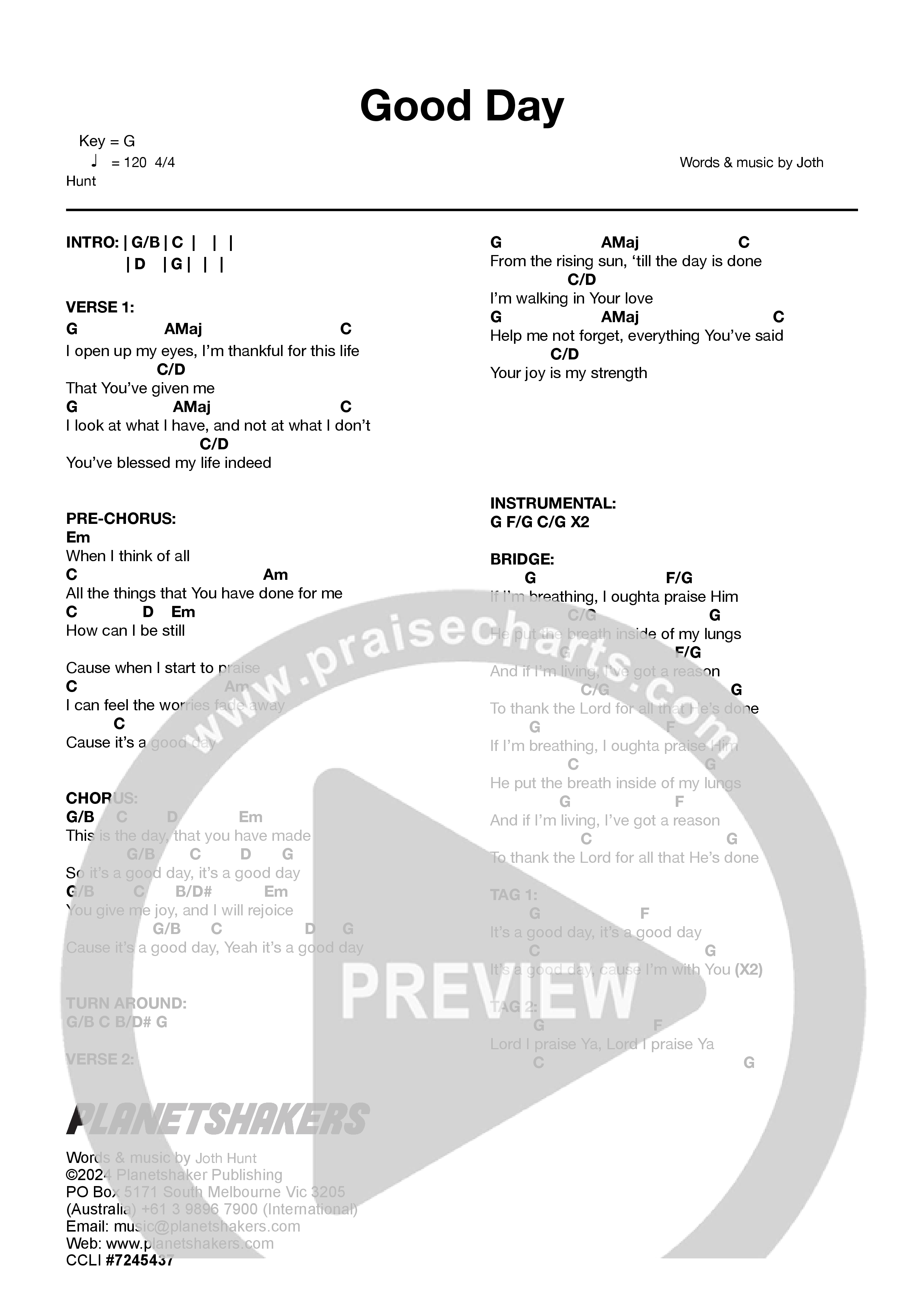 Good Day (Live) Chord Chart (Planetshakers)