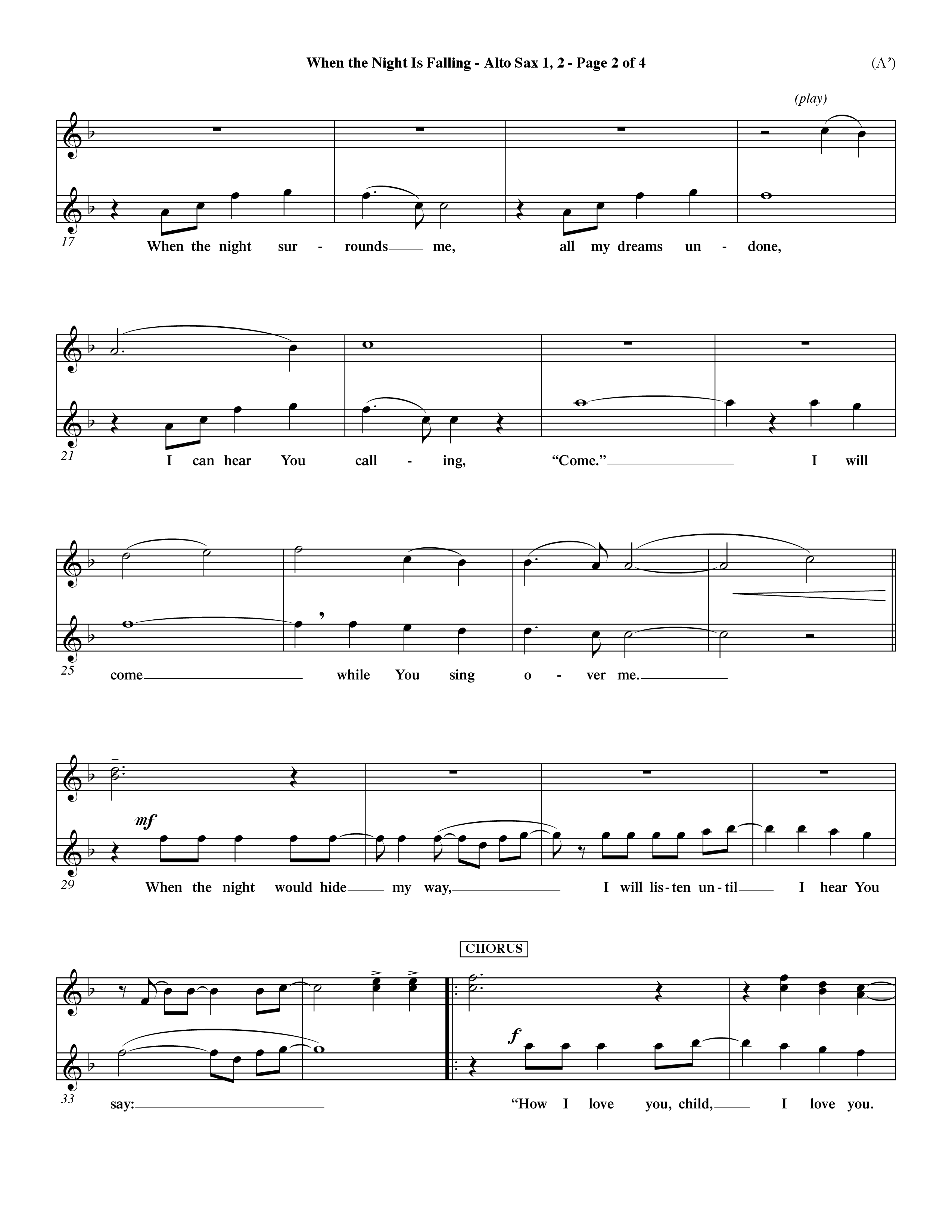 When The Night Is Falling (Choral Anthem SATB) Alto Sax 1/2 (Word Music Choral / Orch. Keith Christopher)