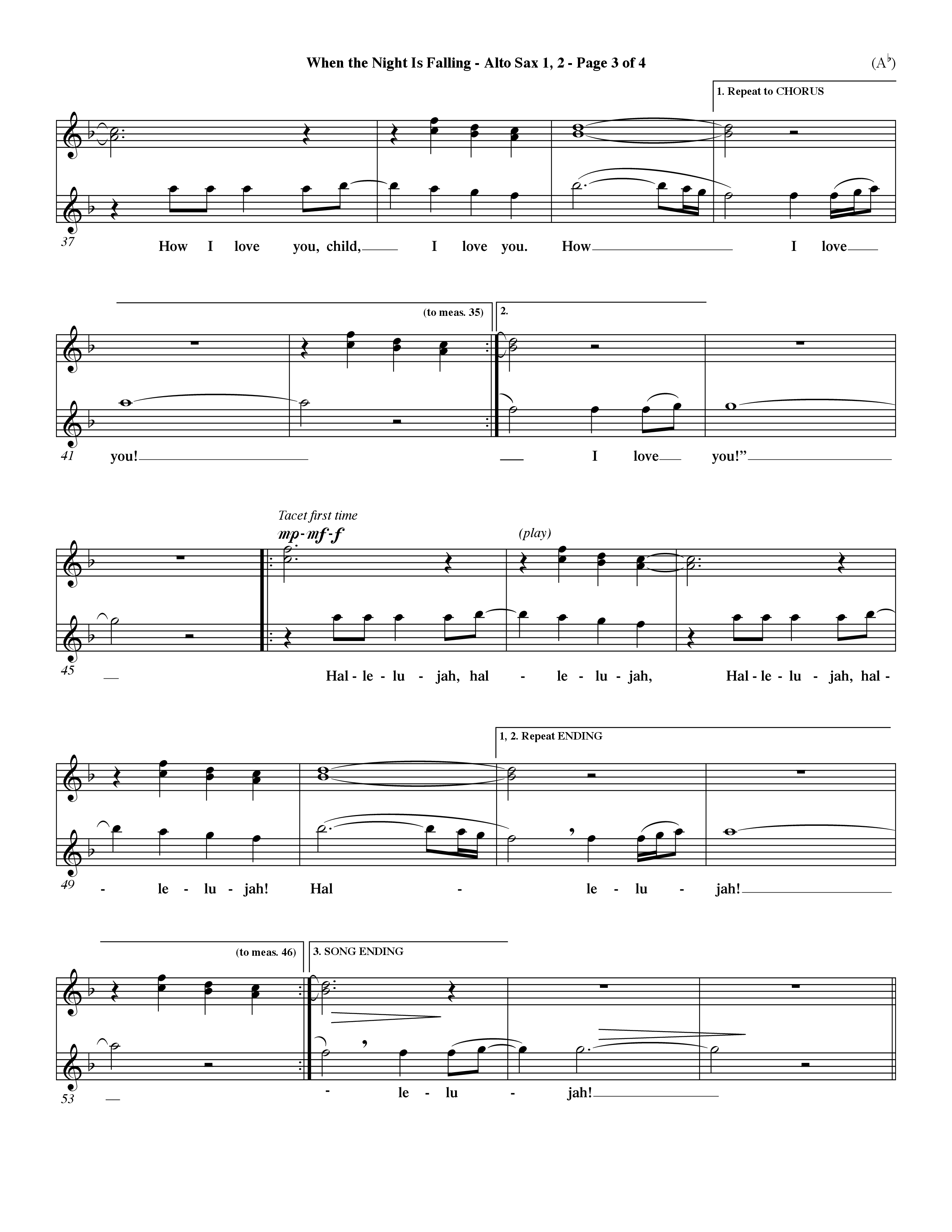 When The Night Is Falling (Choral Anthem SATB) Alto Sax 1/2 (Word Music Choral / Orch. Keith Christopher)