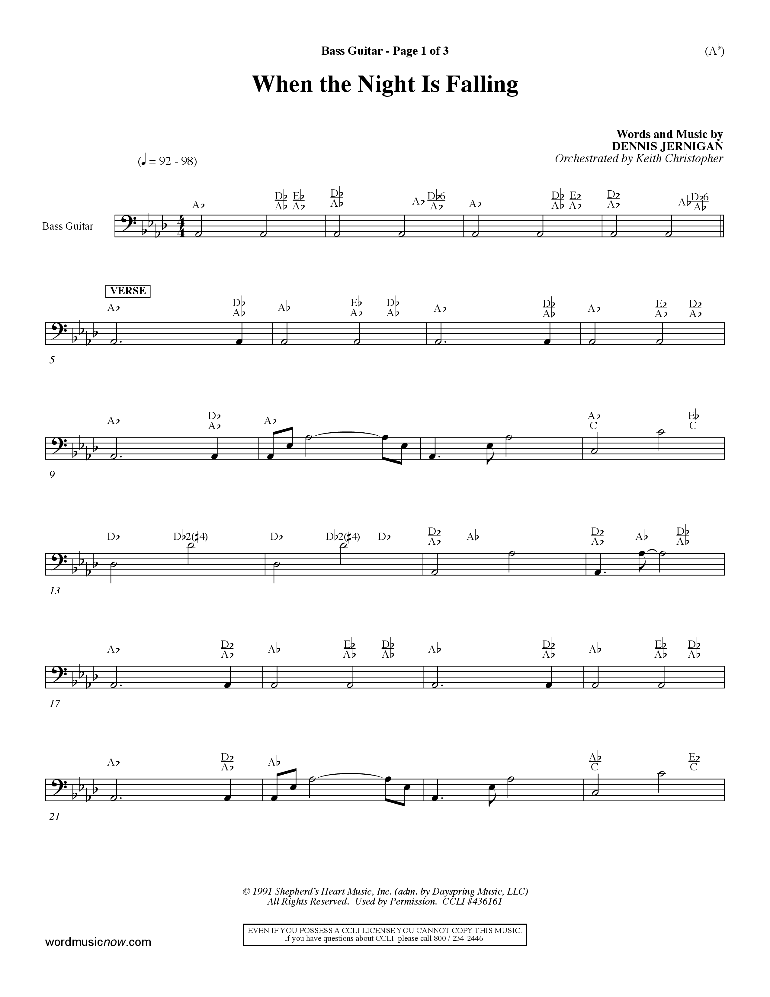 When The Night Is Falling (Choral Anthem SATB) Bass Guitar (Word Music Choral / Orch. Keith Christopher)